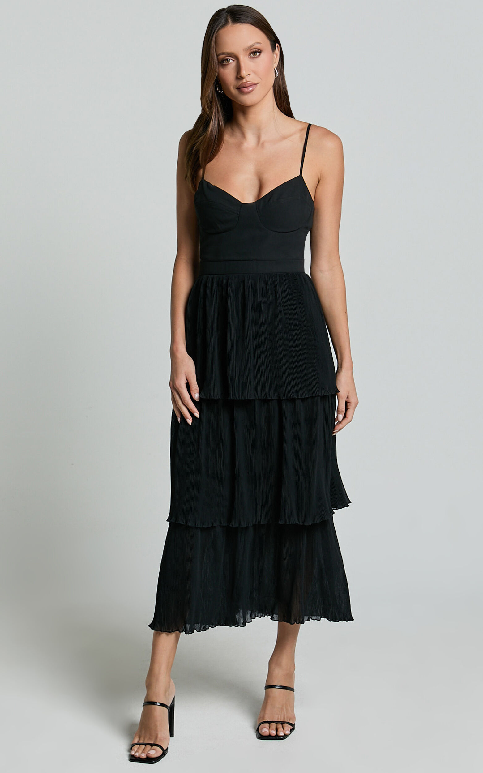 Nina Midi Dress - Bustier Frill Detail Dress in Black