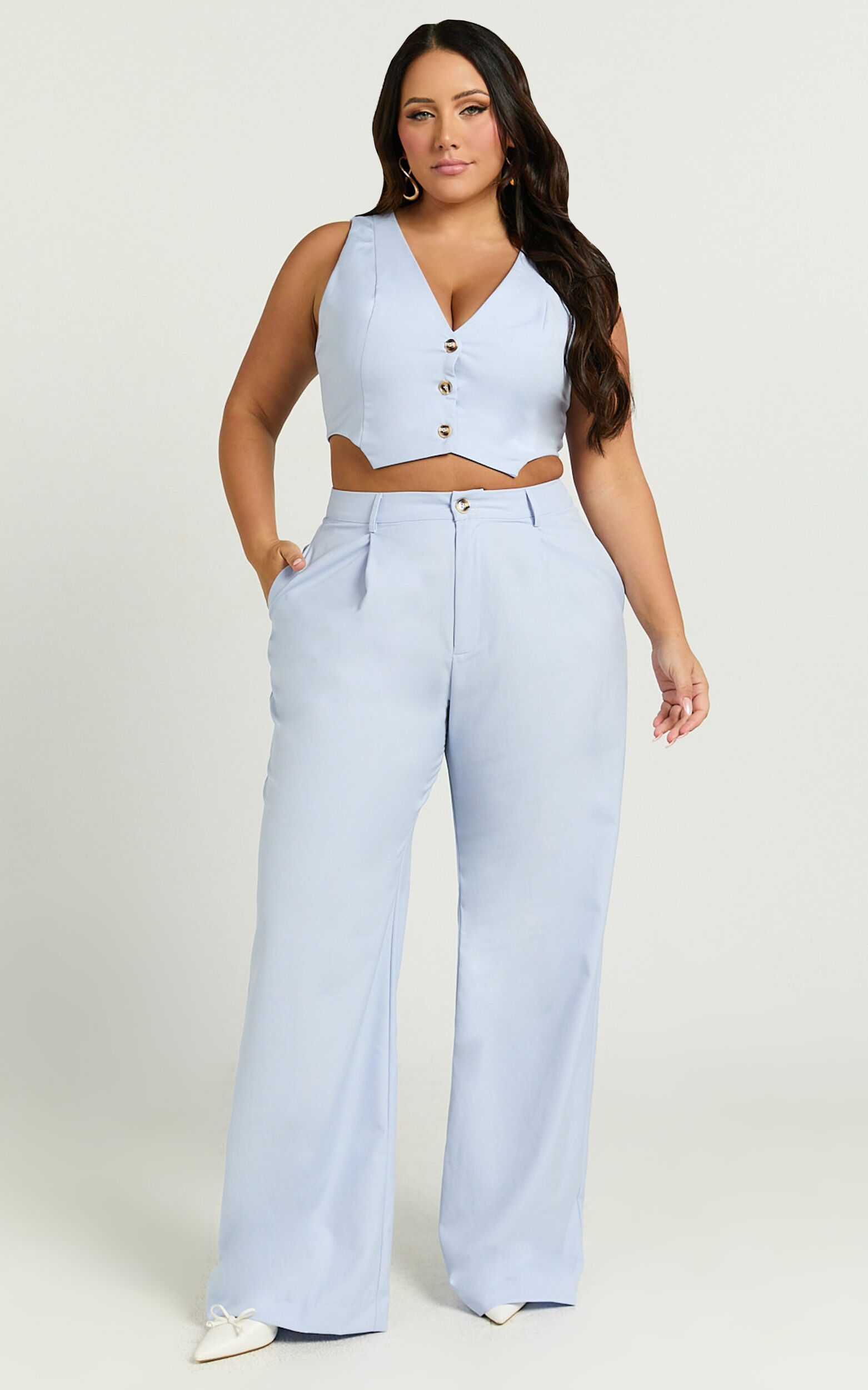 Izara Trousers - Mid Rise Relaxed Straight Leg Tailored Trousers in Light Blue