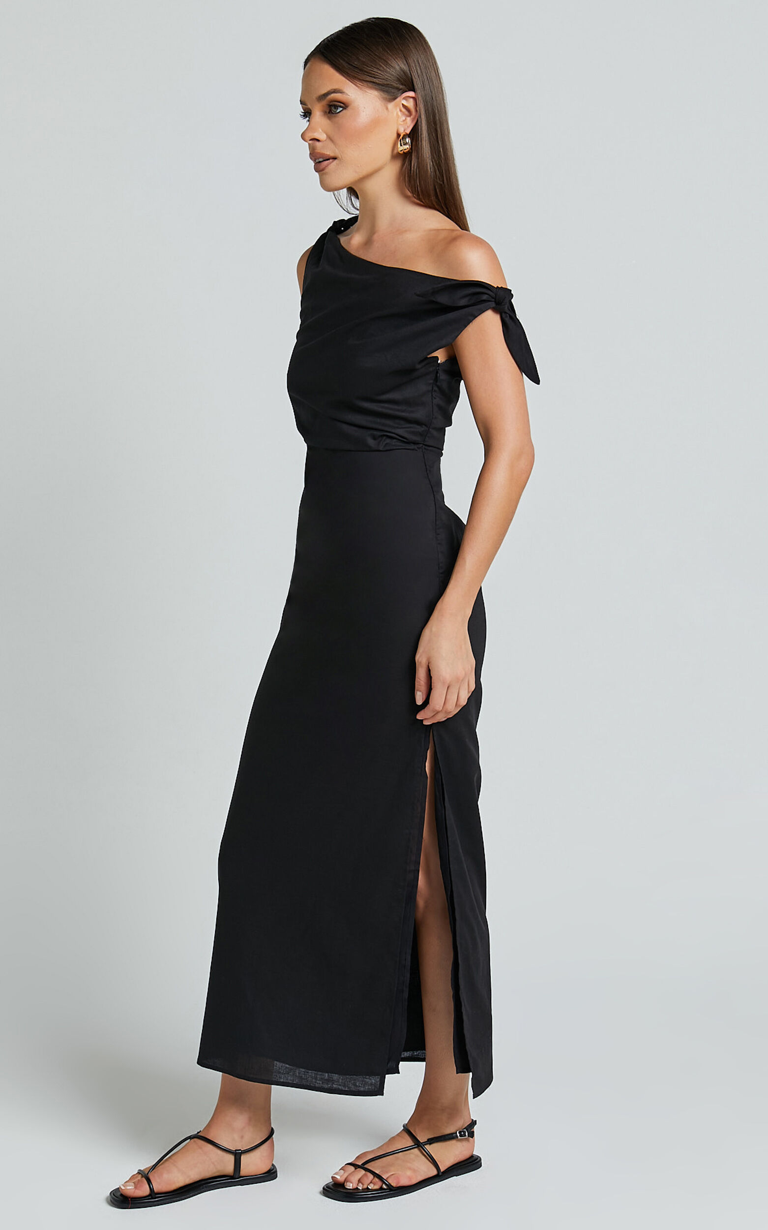 Cincinnati Midi Dress - Off The Shoulder Side Split Column Linen Dress in Black