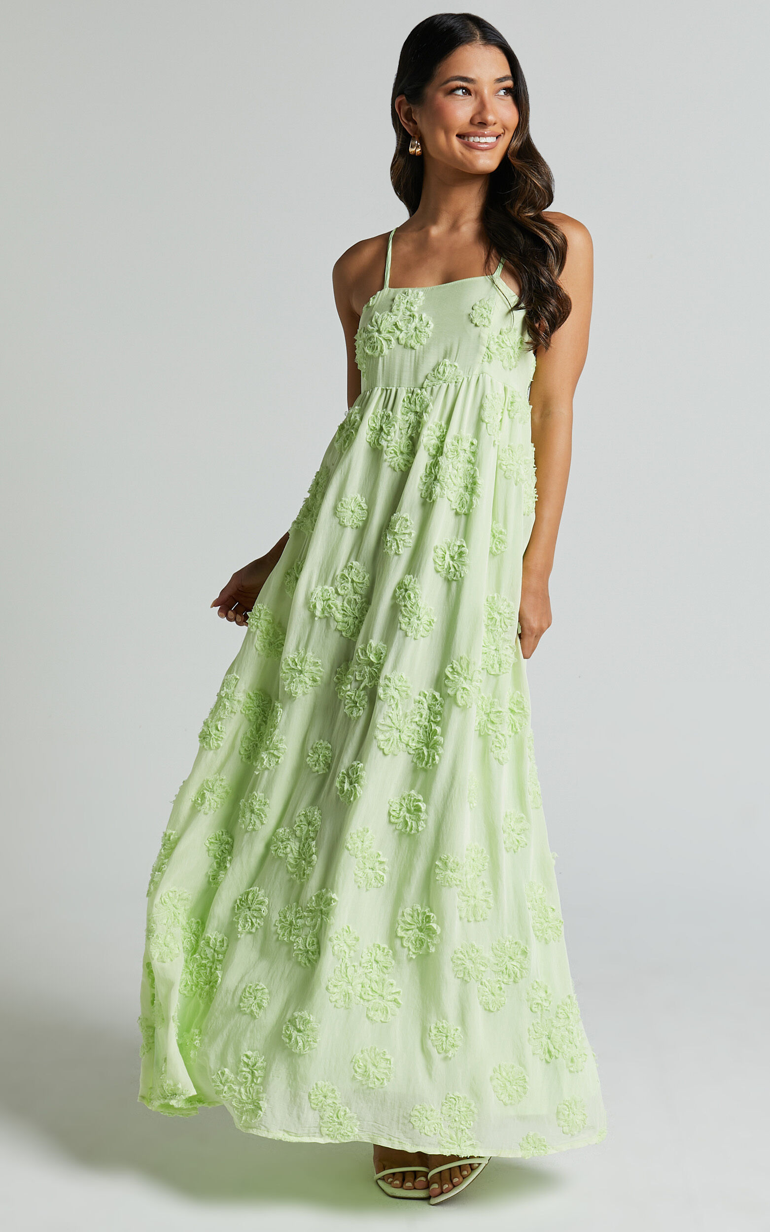 Claya Maxi Dress - Sleeveless Straight Neckline Floral Detail Dress in Lime