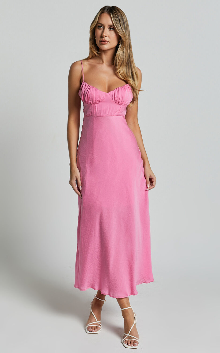 Krysta Midi Dress - Sweetheart Ruched Bust Slip Dress in Pink