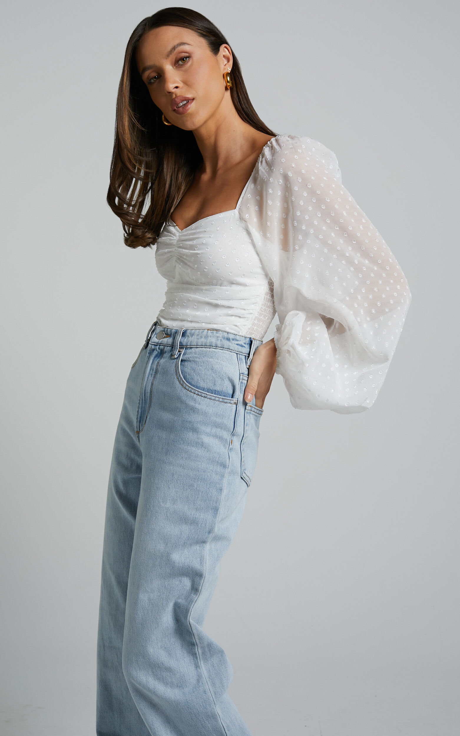 Conny Bodysuit - Spotted Balloon Sleeve Sweetheart Bodysuit in Ivory