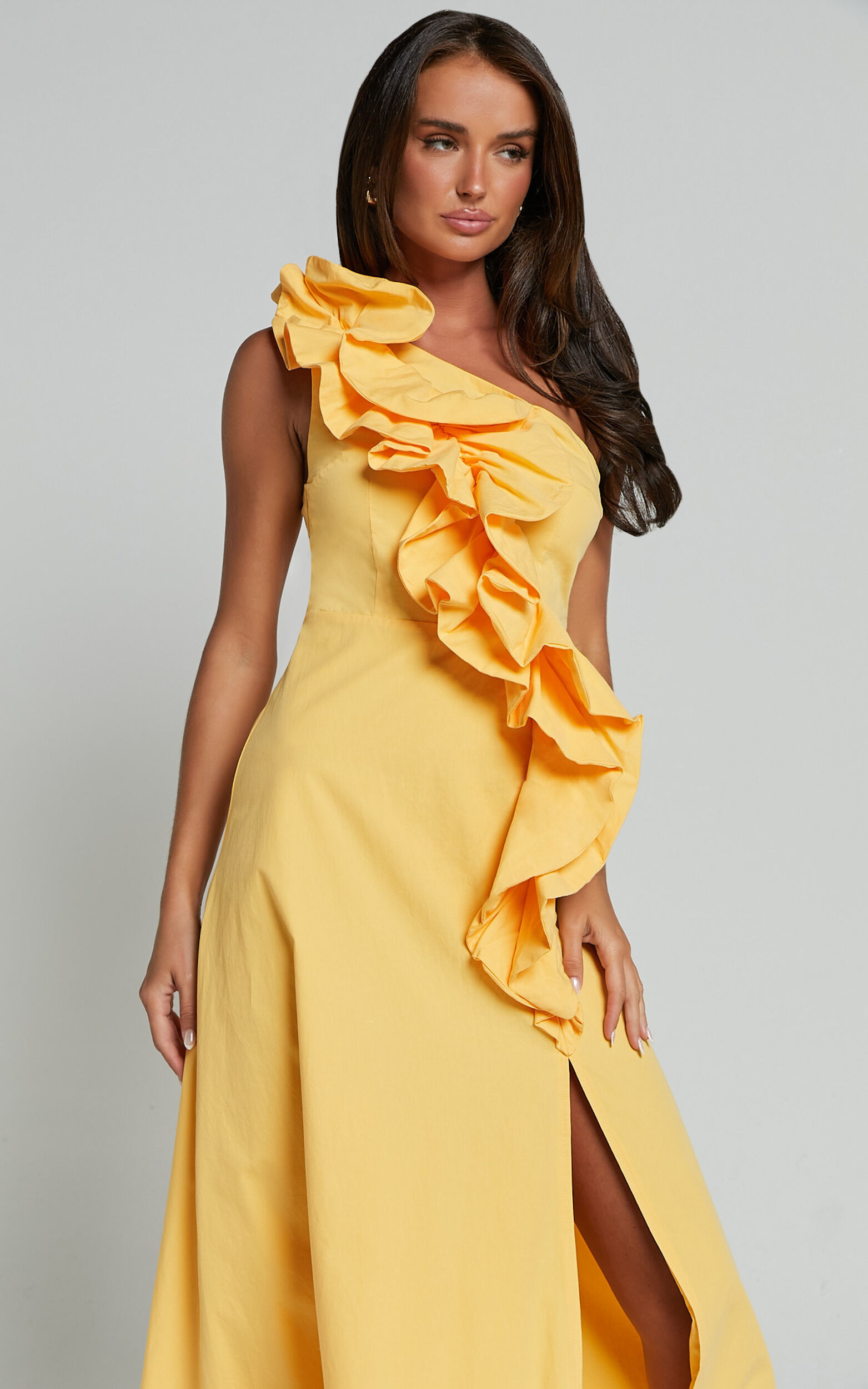 Rita Midi Dress - One Shoulder Ruffle Detail Dress in Yellow