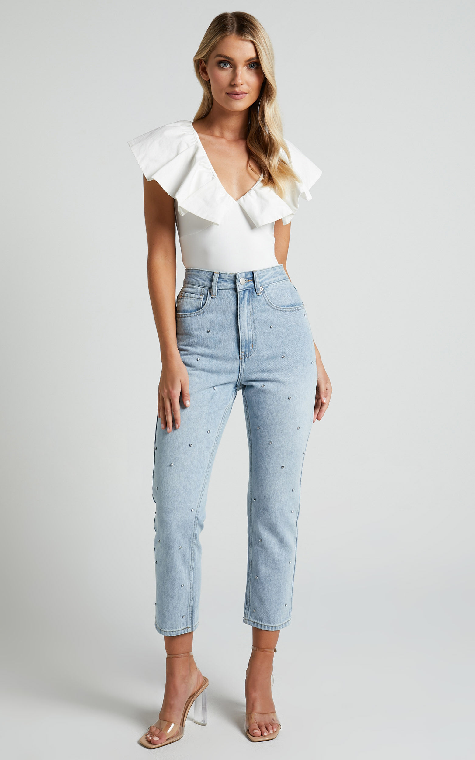 Kimber Bodysuit - V Neck Frill Bodysuit in White