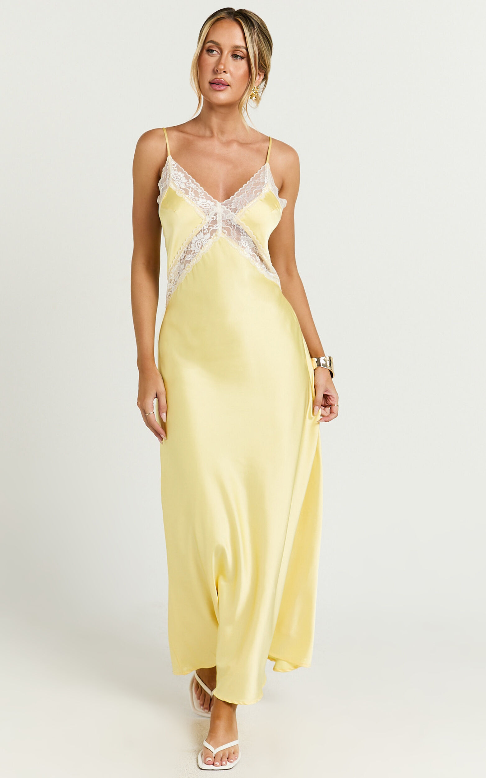 Christy Midi Dress - V Neck Lace Detail Slip Dress in Lemon
