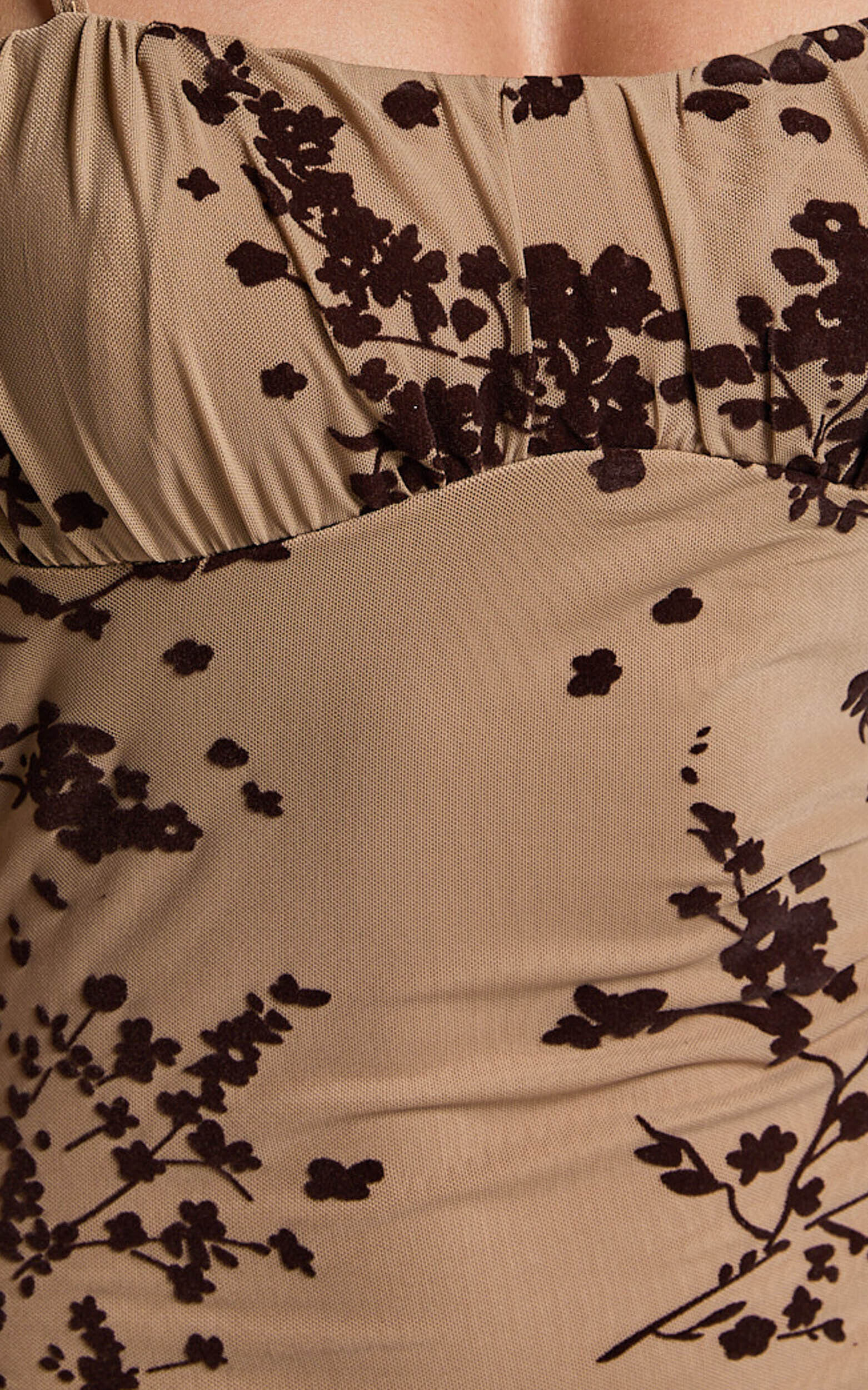 Lindsay Midi Dress - Ruched Chest Velvet Burnout Slip Dress in Brown Floral