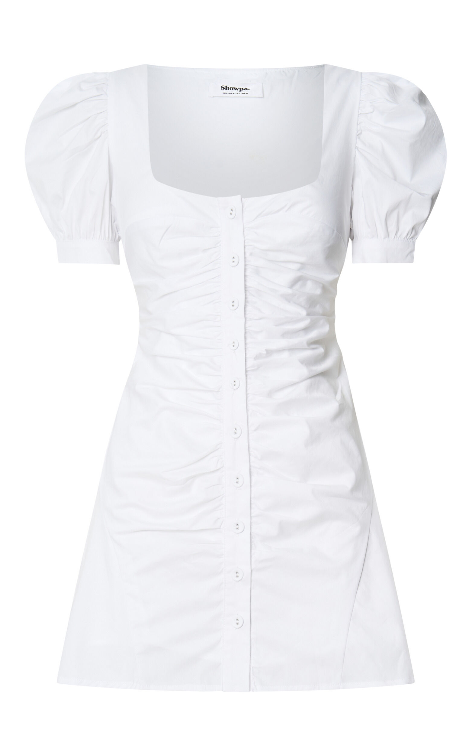 Mya Mini Dress - Scoop Neck Ruched Button Front Puff Sleeve Dress in White