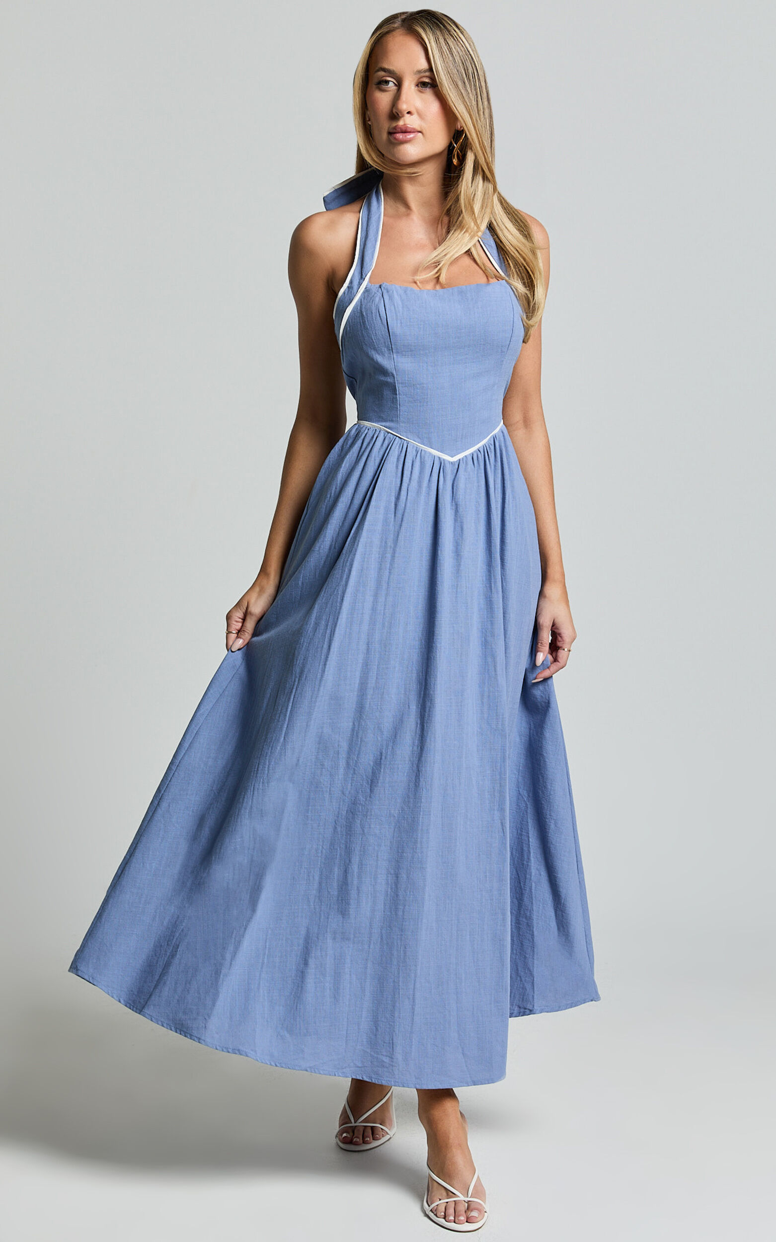 Jesse Midi Dress - Halter Neck Back Tie Dress in Blue