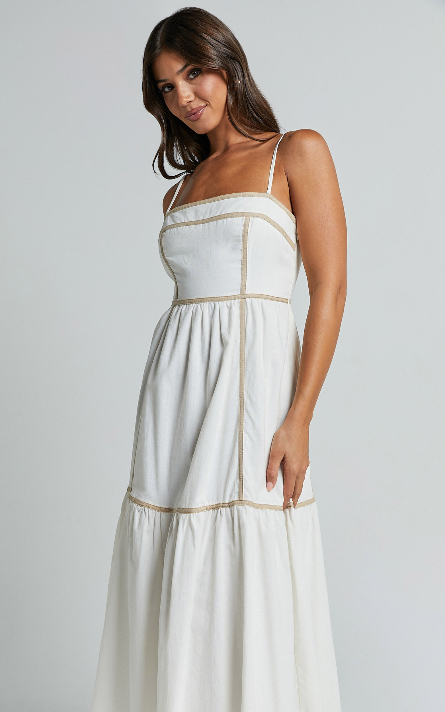 Chanika Midi Dress - Straight Neck Sleeveless Tiered Dress in White with Beige Contrast