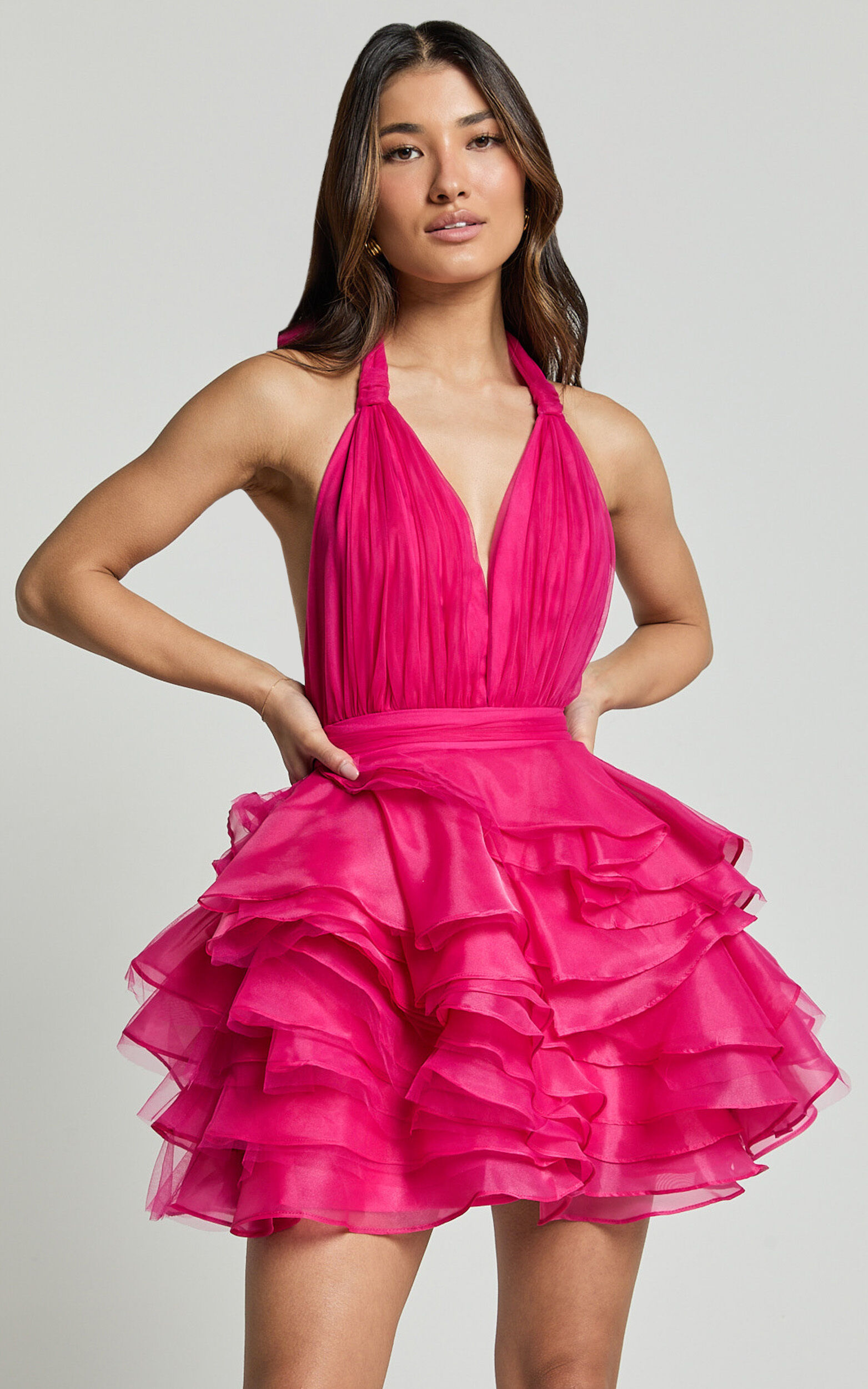 Addison Mini Dress - Halter Neck Plunge Tiered Tulle Dress in Hot Pink