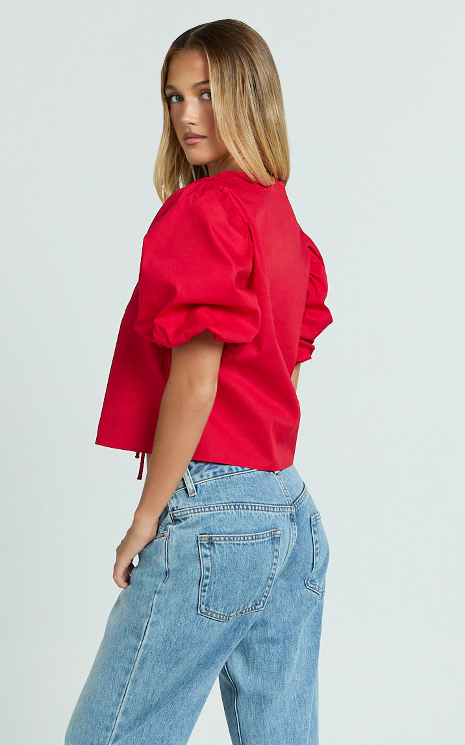 Dana Top - Bow Tie Front Puff Sleeve Blouse in Red