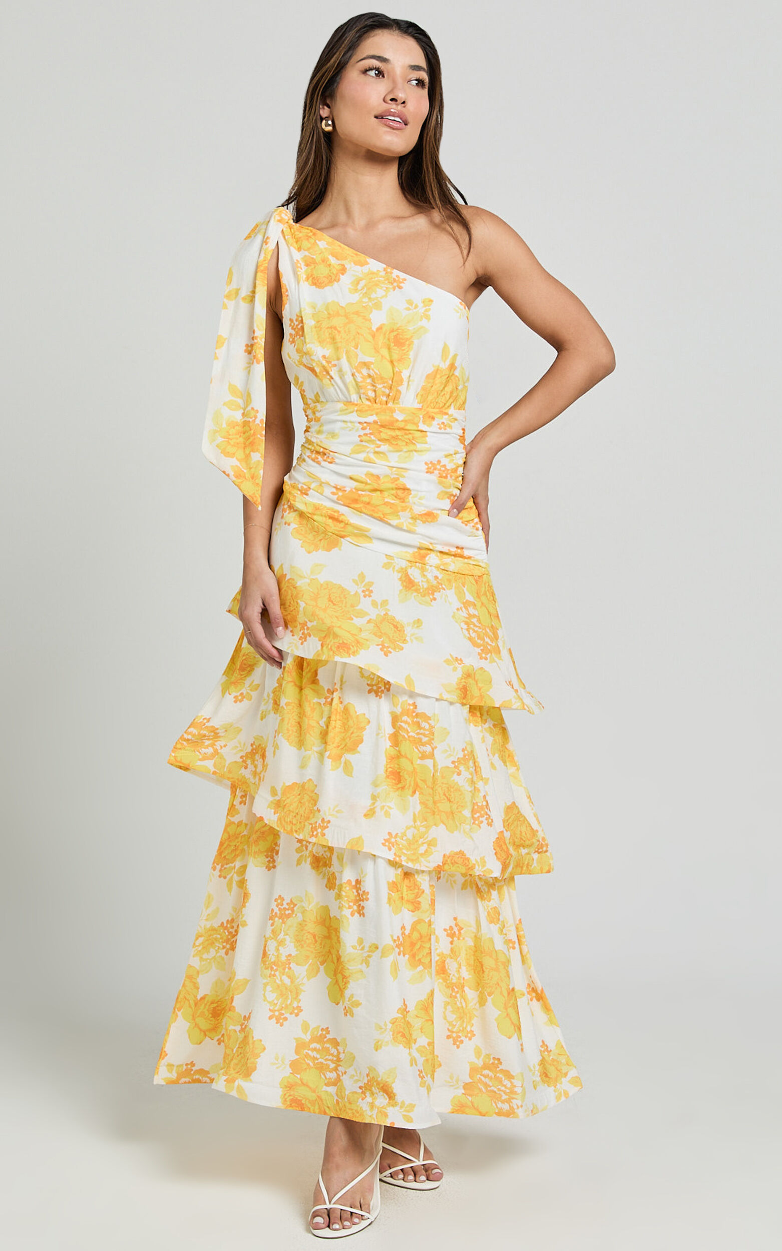 Krissy Midi Dress - Asymmetrical Tie Shoulder Layered Dress in Yellow Floral