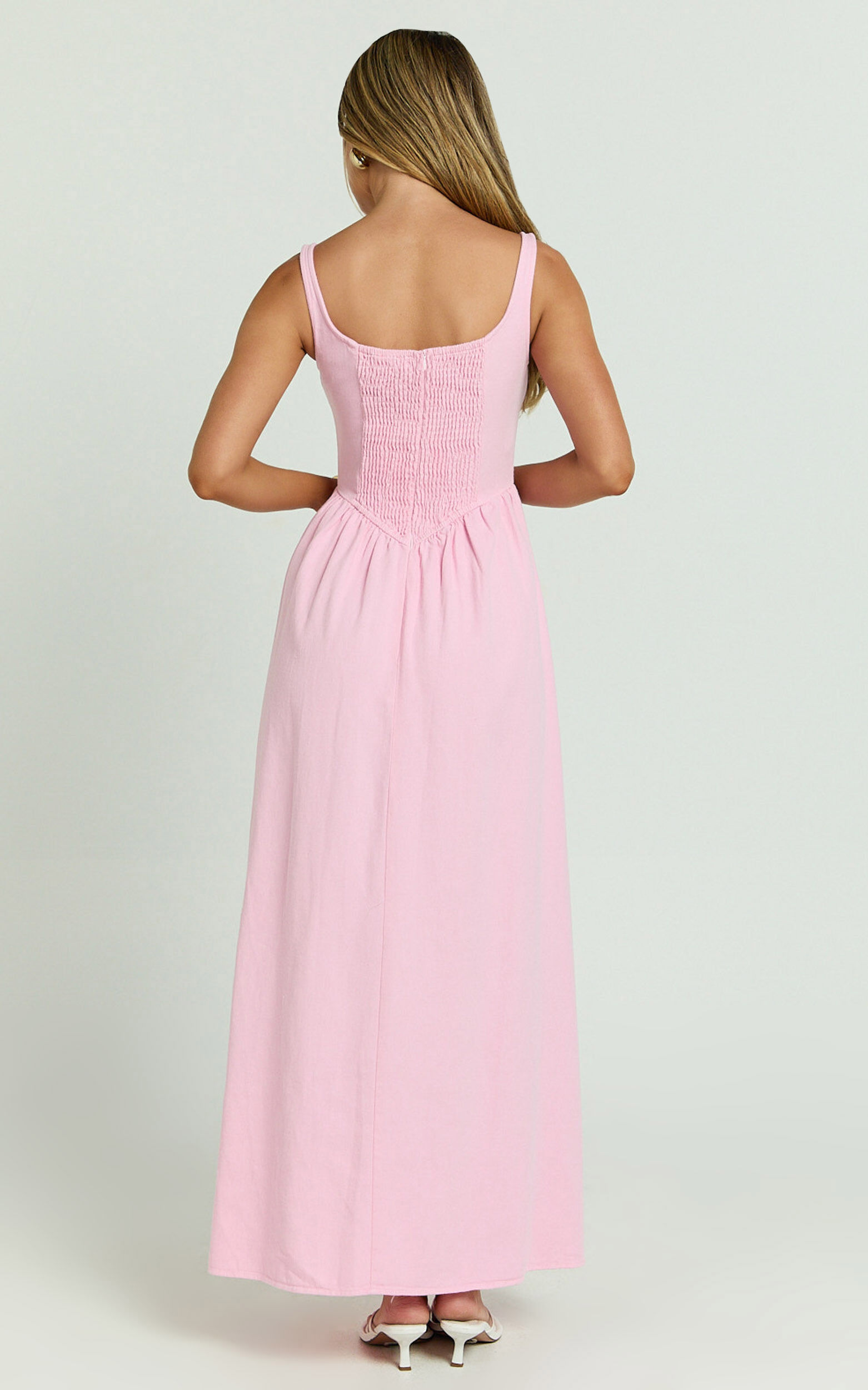 Rhaziya Midi Dress - Sleeveless Straight Neck Fit and Flare Dress in Pink