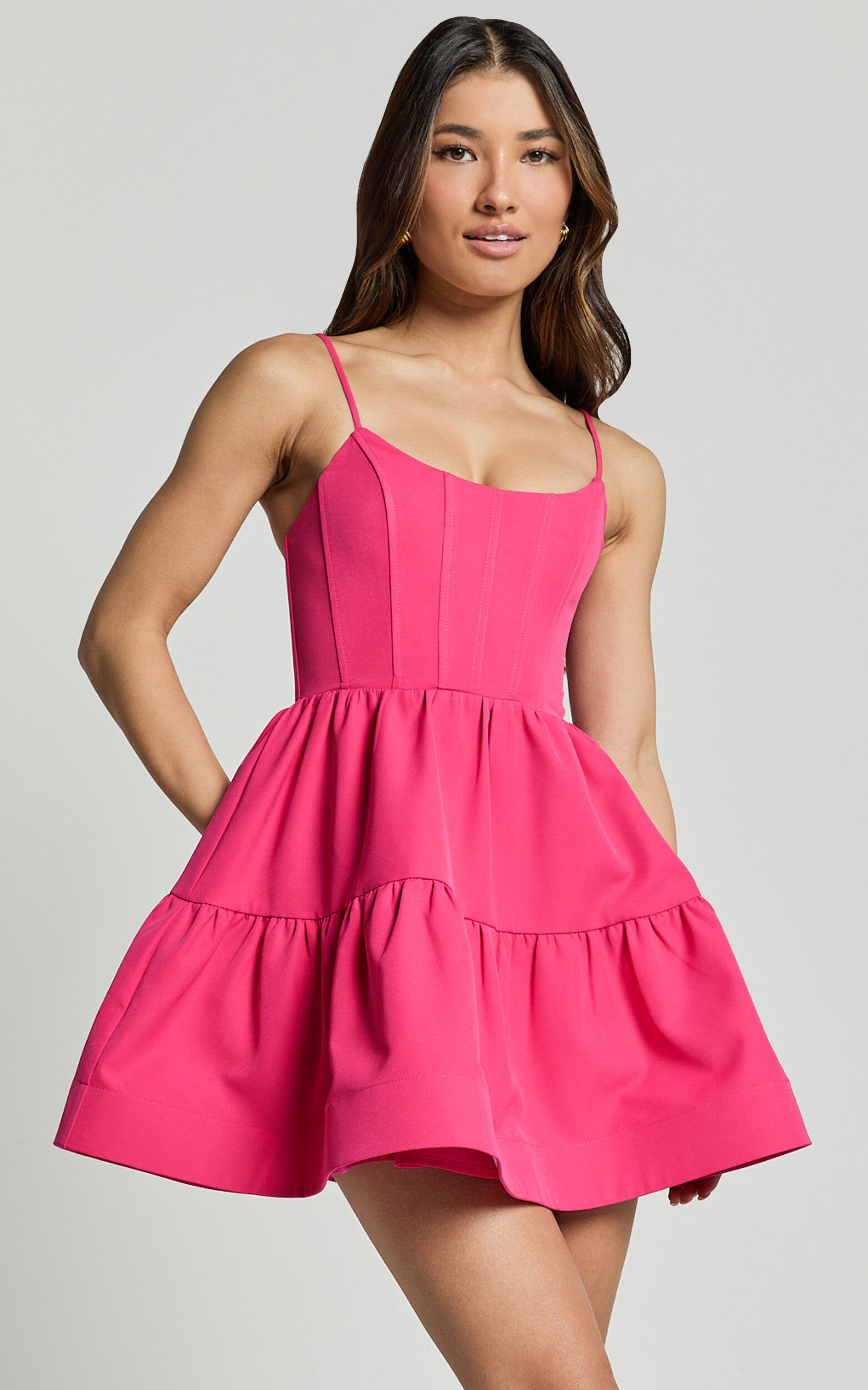 Zelda Mini Dress - Corset Front Tiered Lace Up Mini Dress in Pink