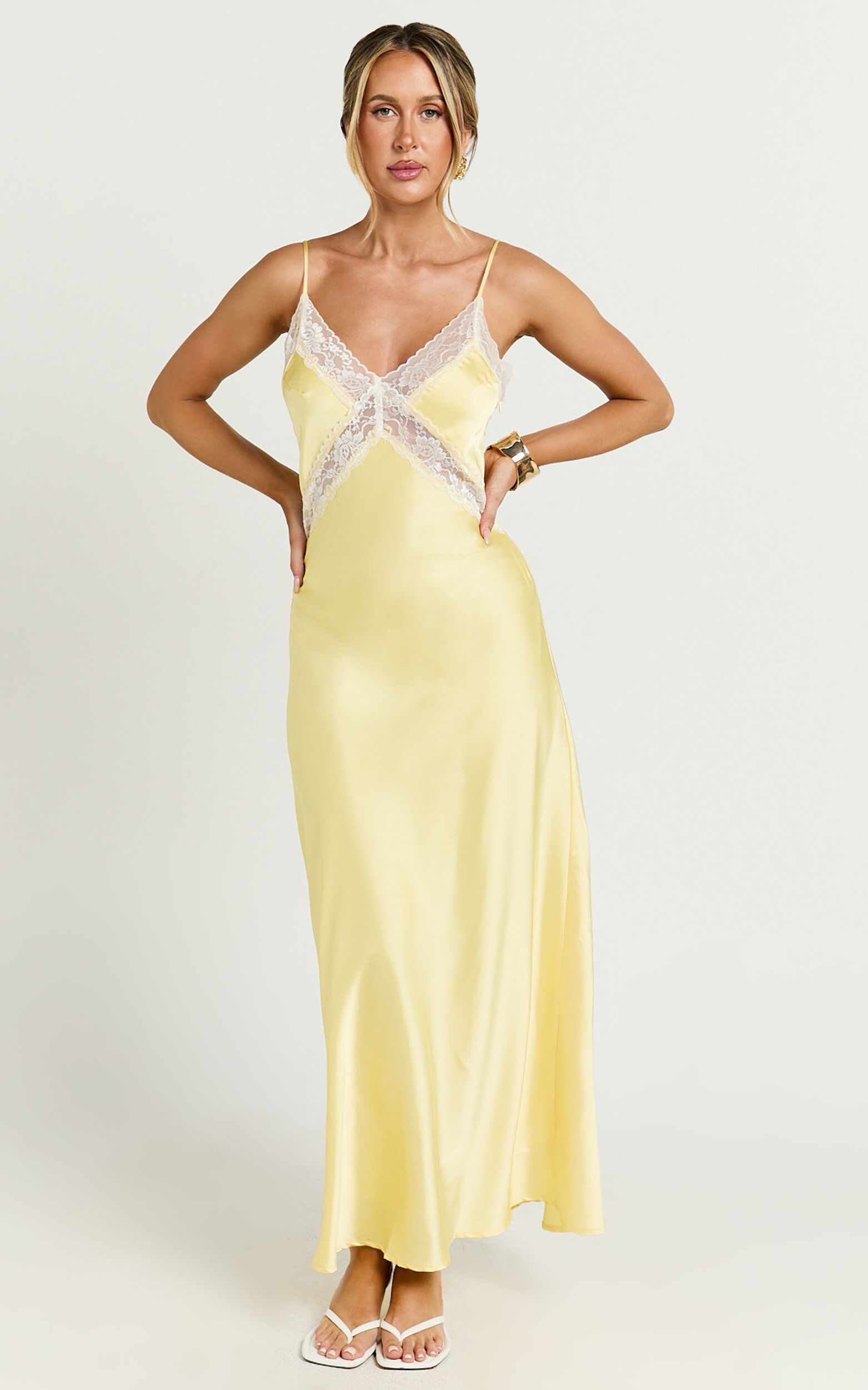 Christy Midi Dress - V Neck Lace Detail Slip Dress in Lemon