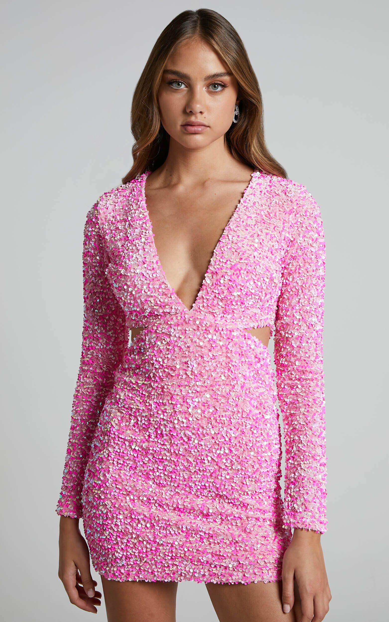 Gabriella Mini Dress - Plunge Long Sleeve Cut Out Sequin Dress in Pink Sequin
