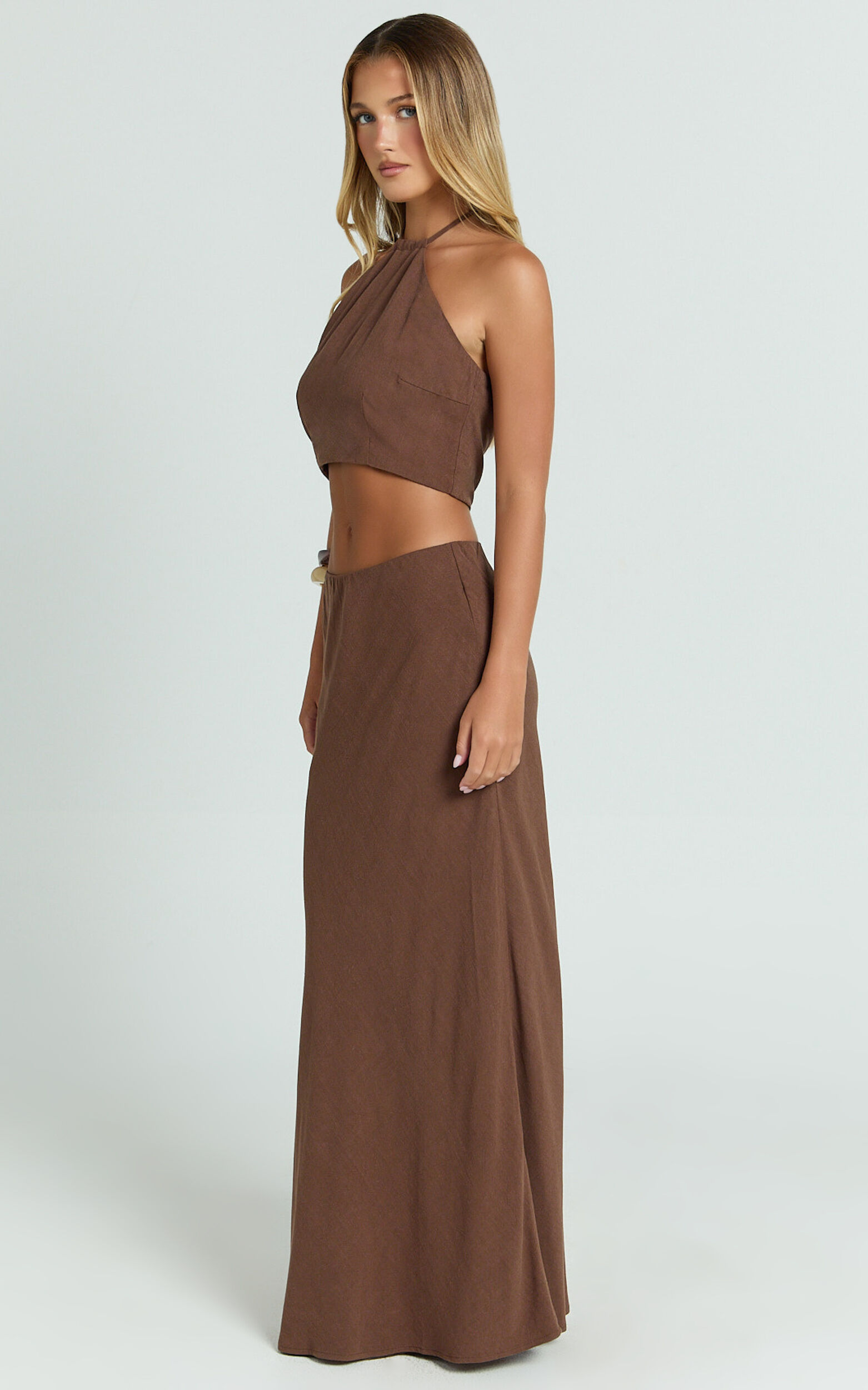 Chelsea Two Piece Set - Linen Halter Neck Top and Bias Cut Sheer Maxi Skirt in Chocolate