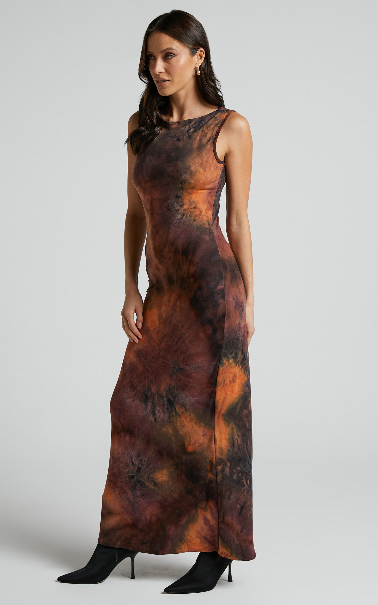 Amayra Midi Dress - High Neck Bodycon Dress in Brown Tie Dye