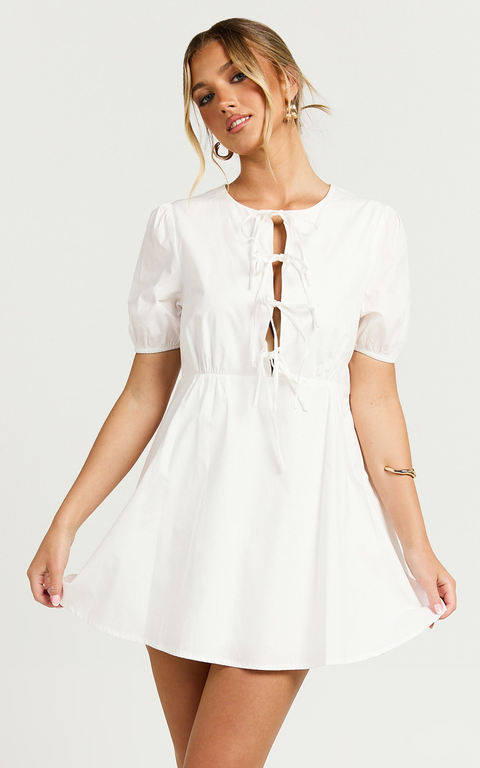 Hattie Mini Dress - Tie Front Puff Sleeve Dress in White