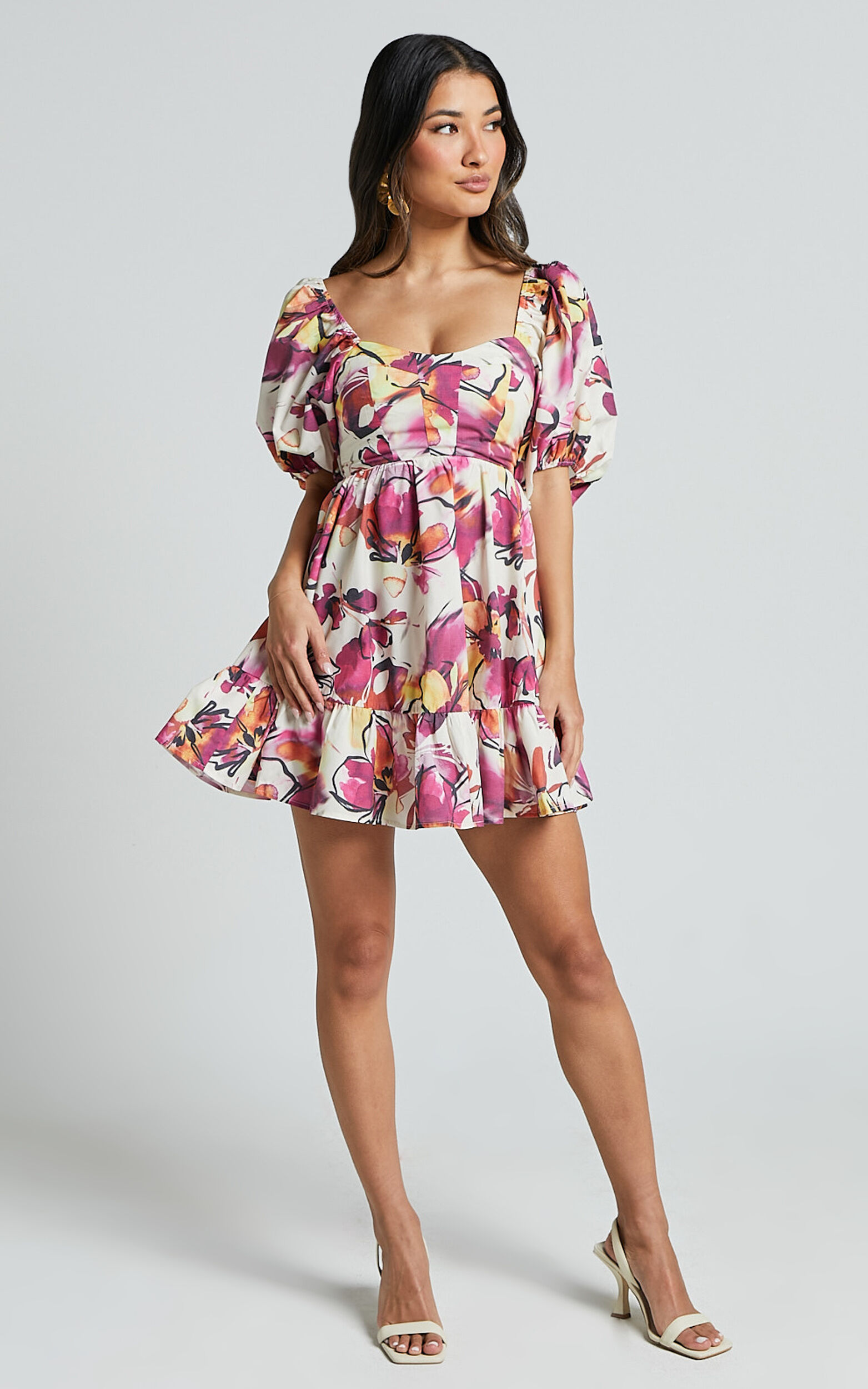 Gretchen Mini Dress - Puff Sleeve Babydoll Dress in Dahlia Dusk Floral