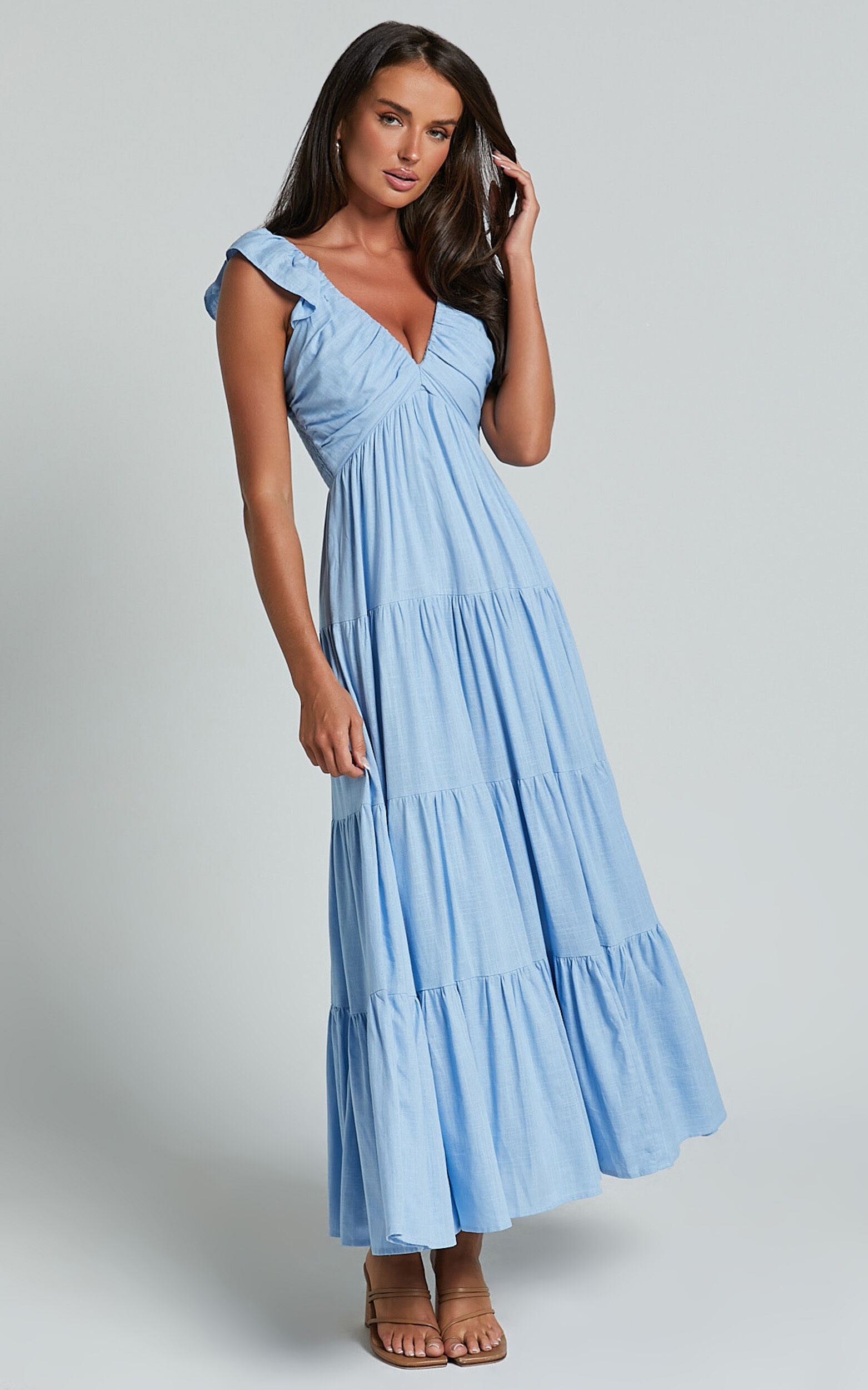 Nicollee Midi Linen Dress - Plunge Neck Sleeveless Tiered Dress in Blue
