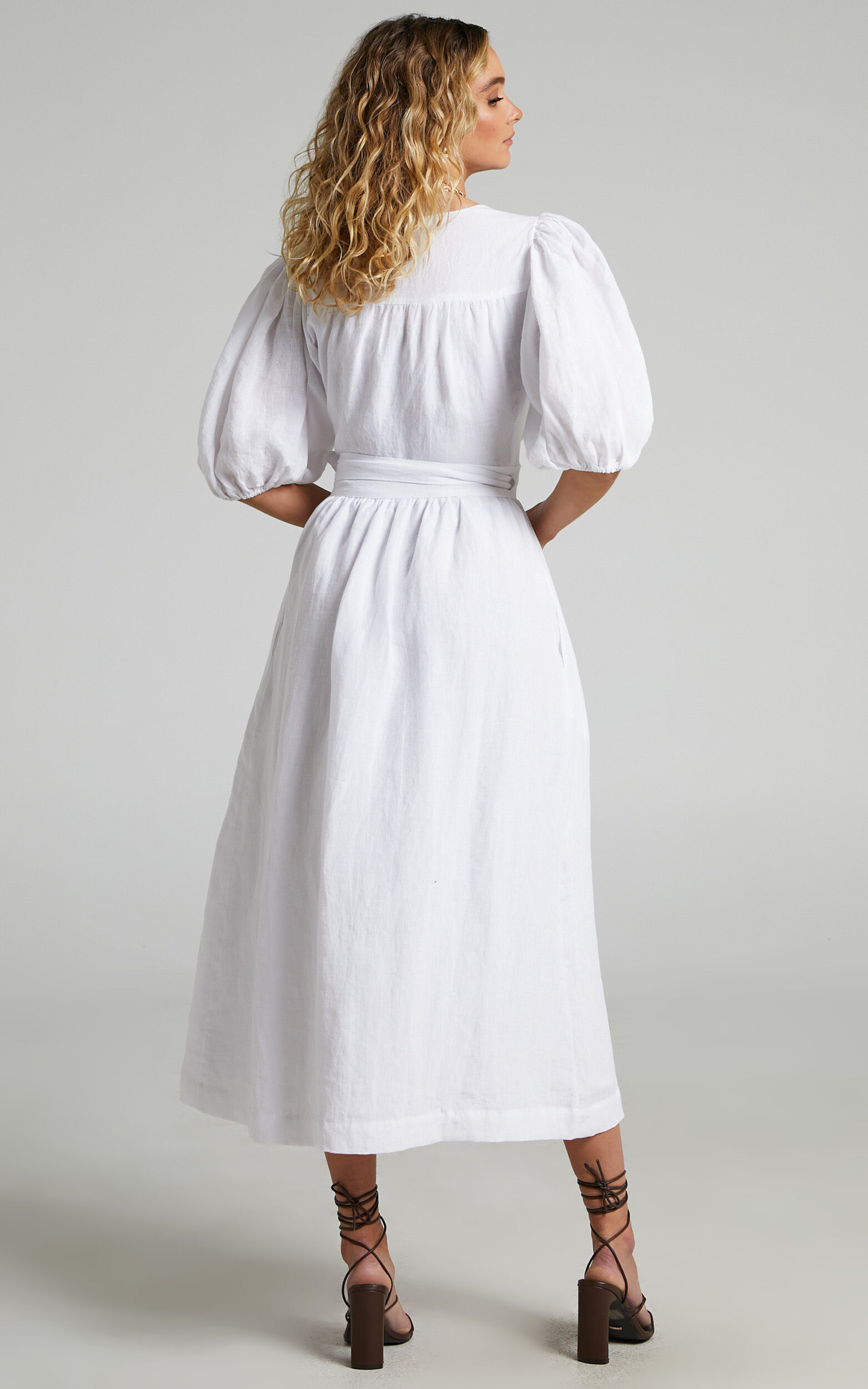 Amalie The Label - Franc Linen Puff Sleeve Wrap Midi Linen Dress in White