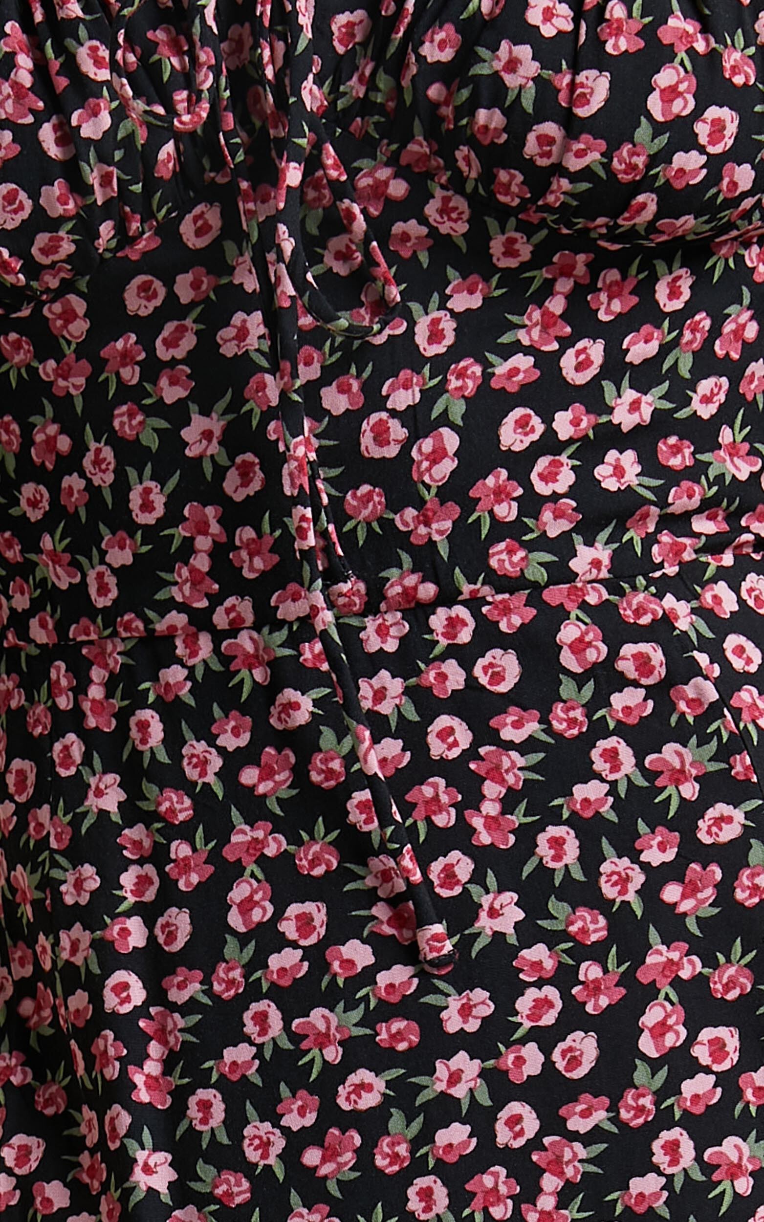 Rosario Midi Dress - Ruched Bust Puff Sleeve Dress in Black Floral