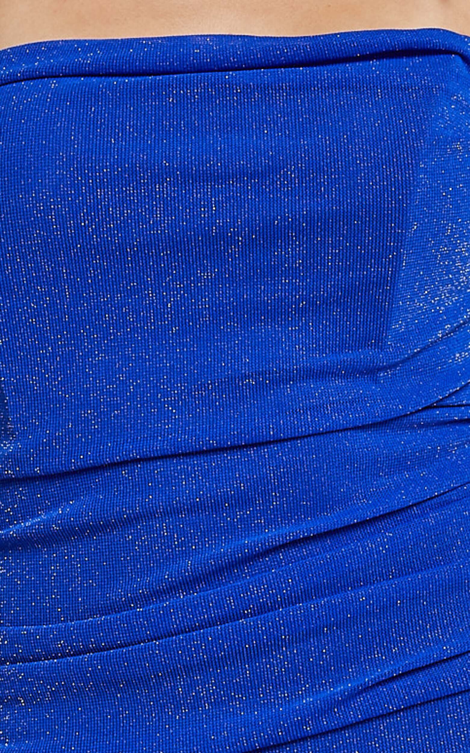 Amaya Midi Dress - Strapless Glitter Mesh Ruched Bodycon Dress in Blue