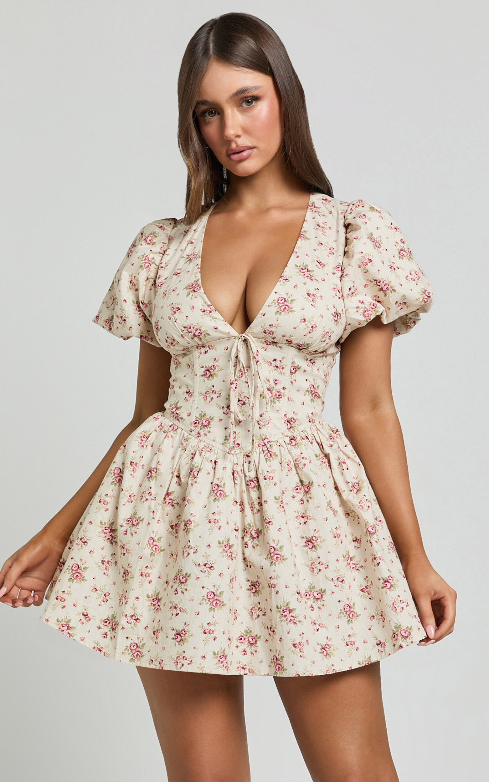 Evans Mini Dress - Short Sleeve Shirred Back Plunge Dress in Pink Floral