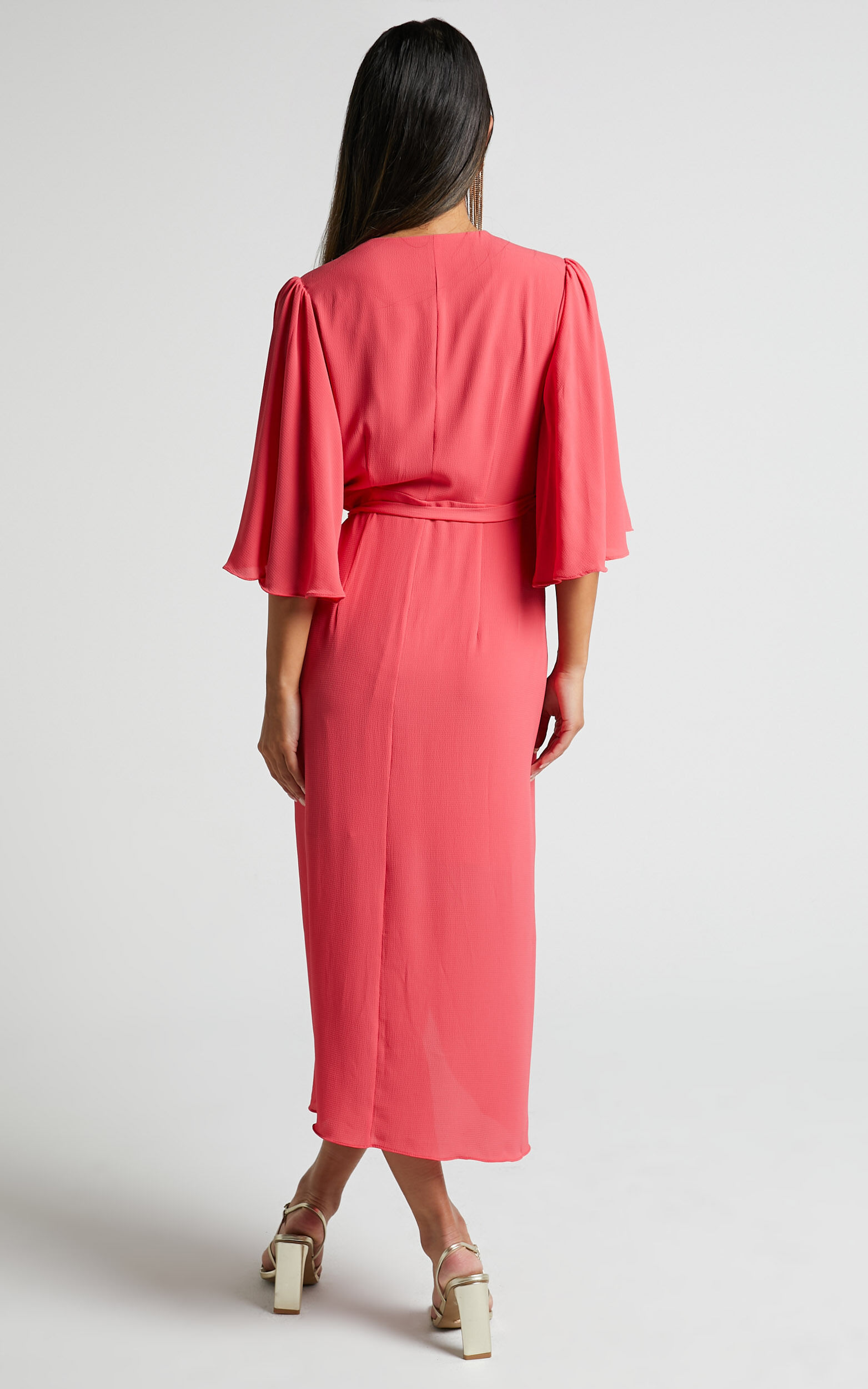 Meagan Midi Dress - V Neck Flutter Sleeve Pleated Detail Wrap in Pink