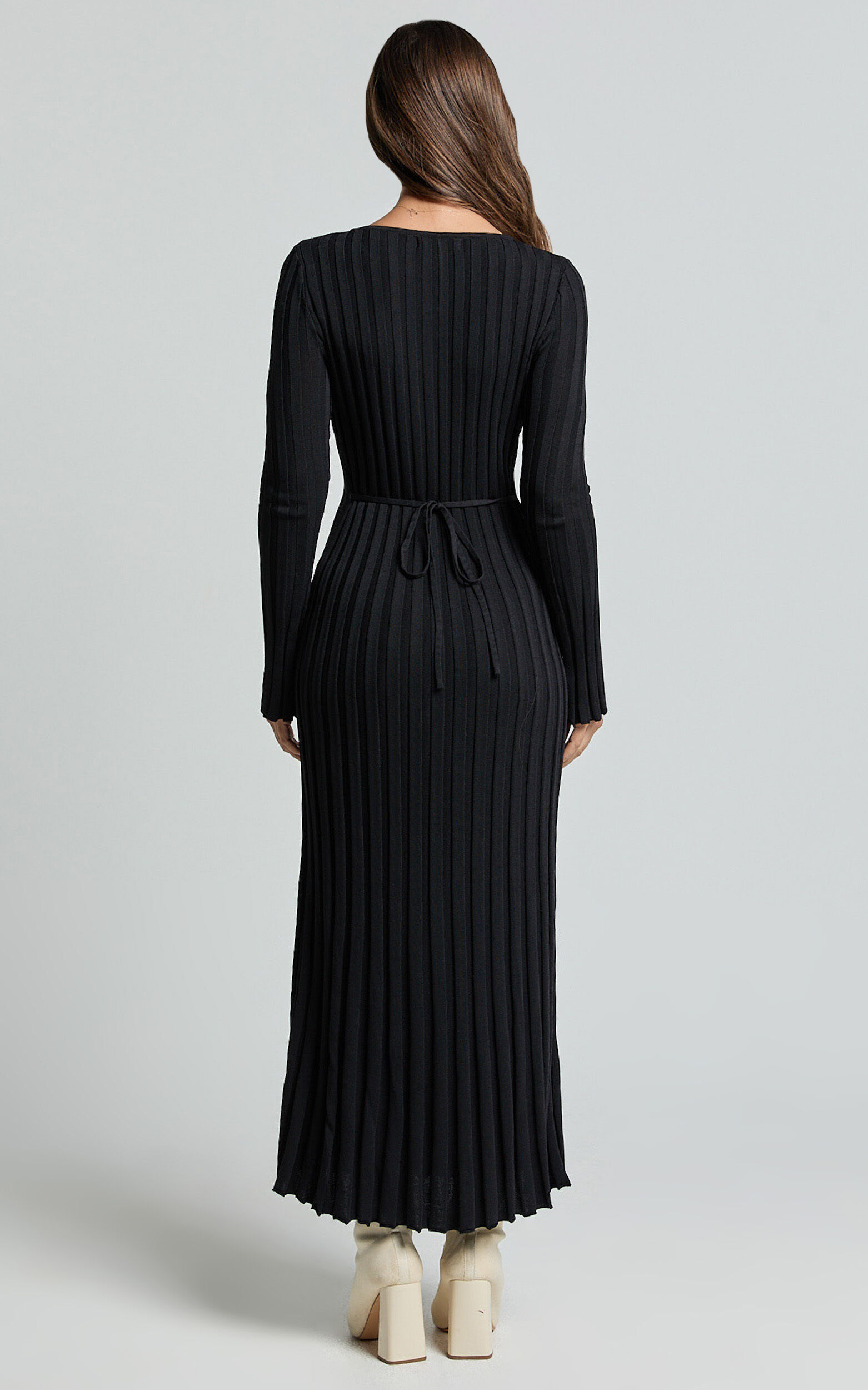 Astra Midi Dress - V Neck Long Sleeve Knit Dress in Black