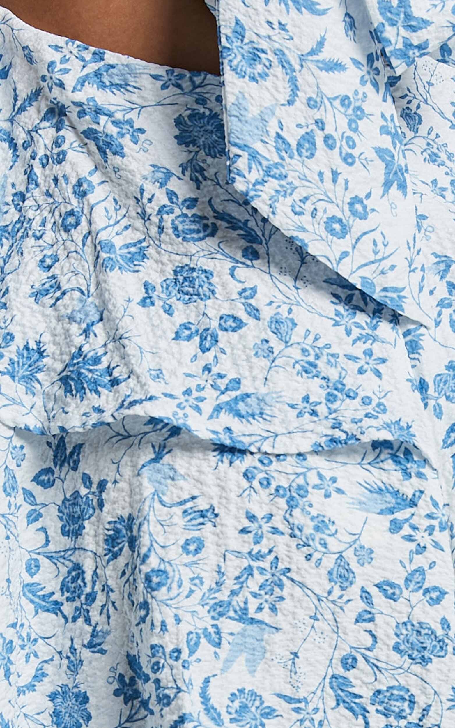 Lorma Midi Dress - Ruched Layered Dress in Blue Floral