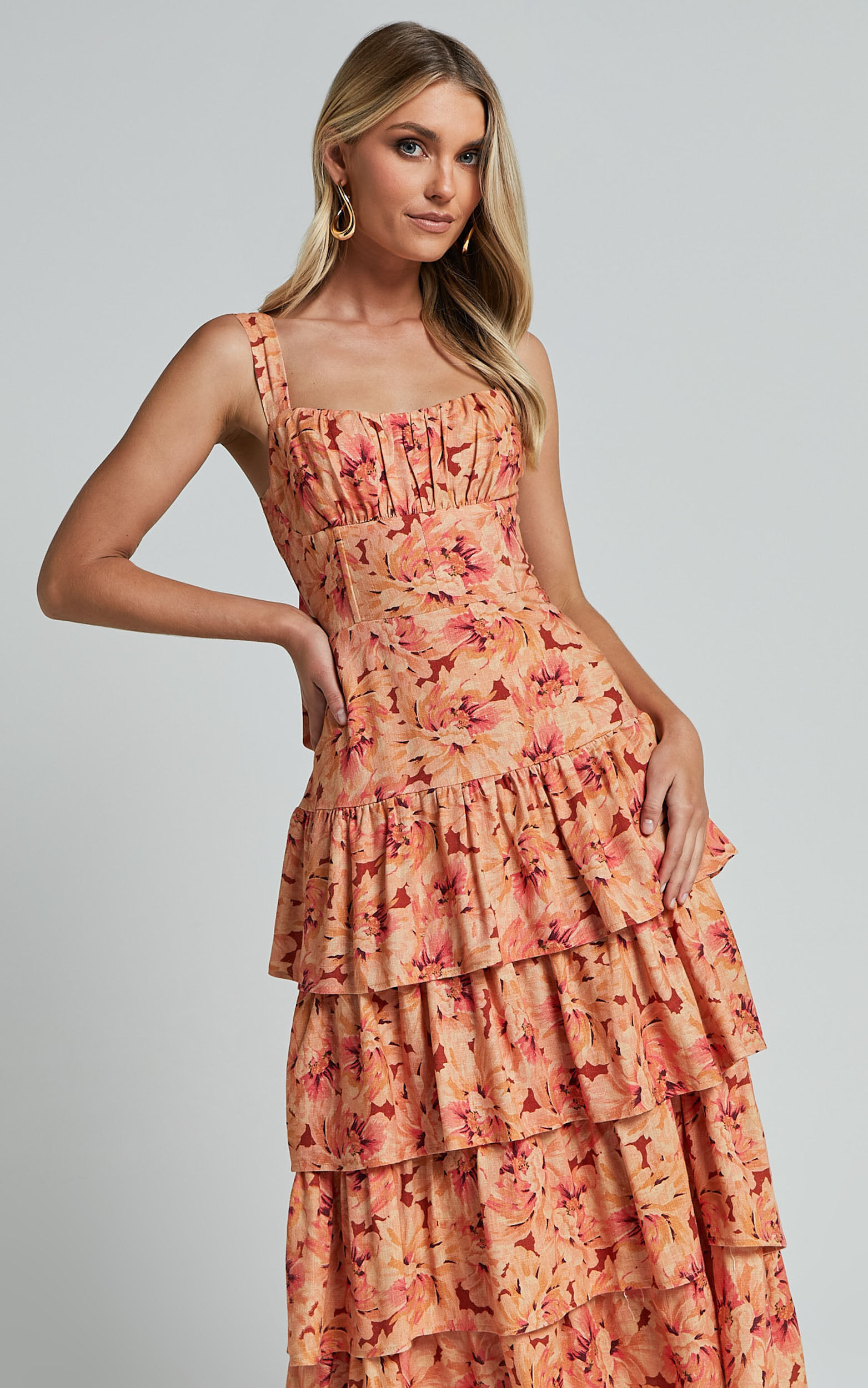 Amalie The Label - Adela Linen Look Blend Tiered Midi Dress in Valencia Print