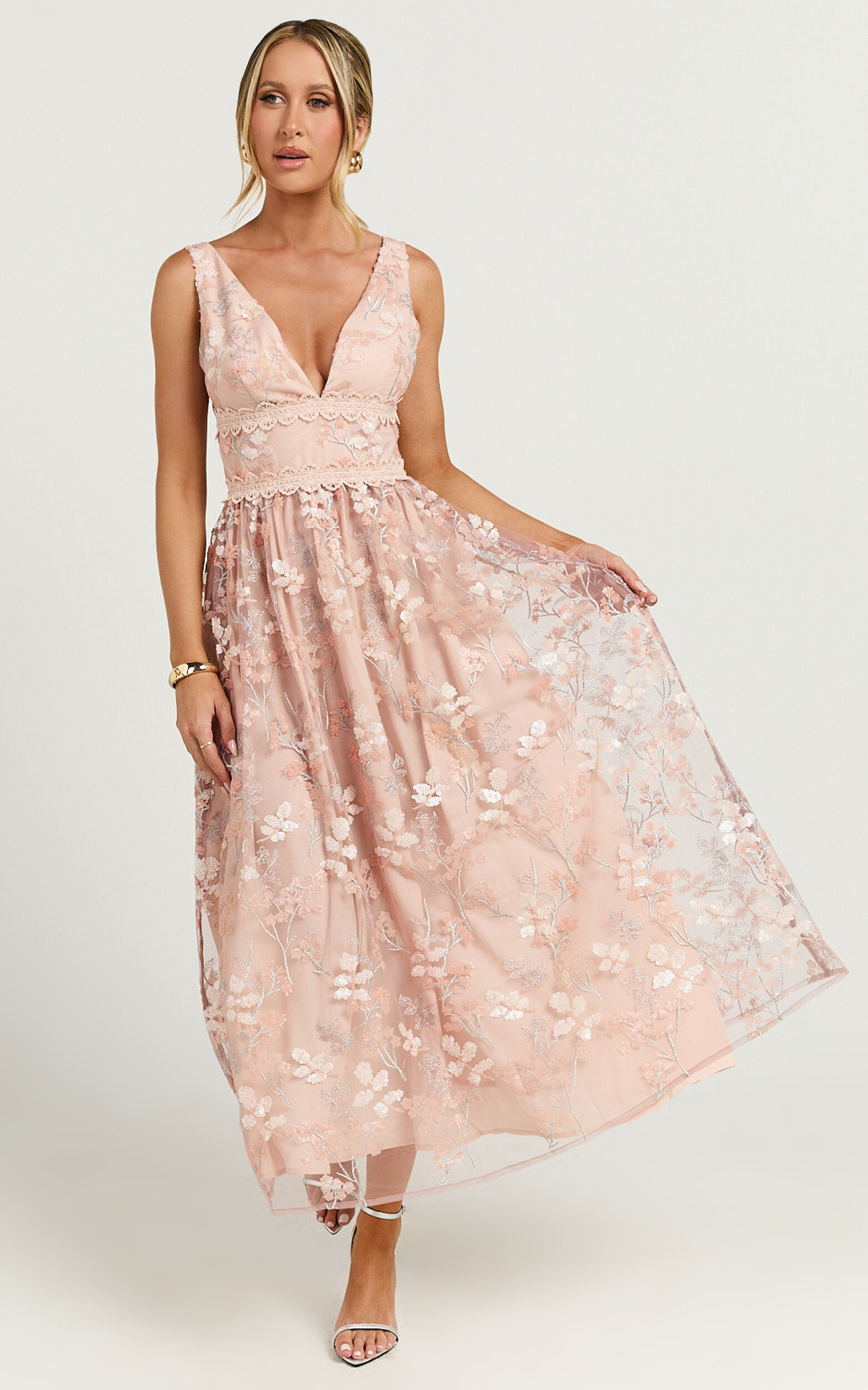 Seychelles Midi Dress - Plunge Embroidery 3d Floral Lace Dress in Light Pink
