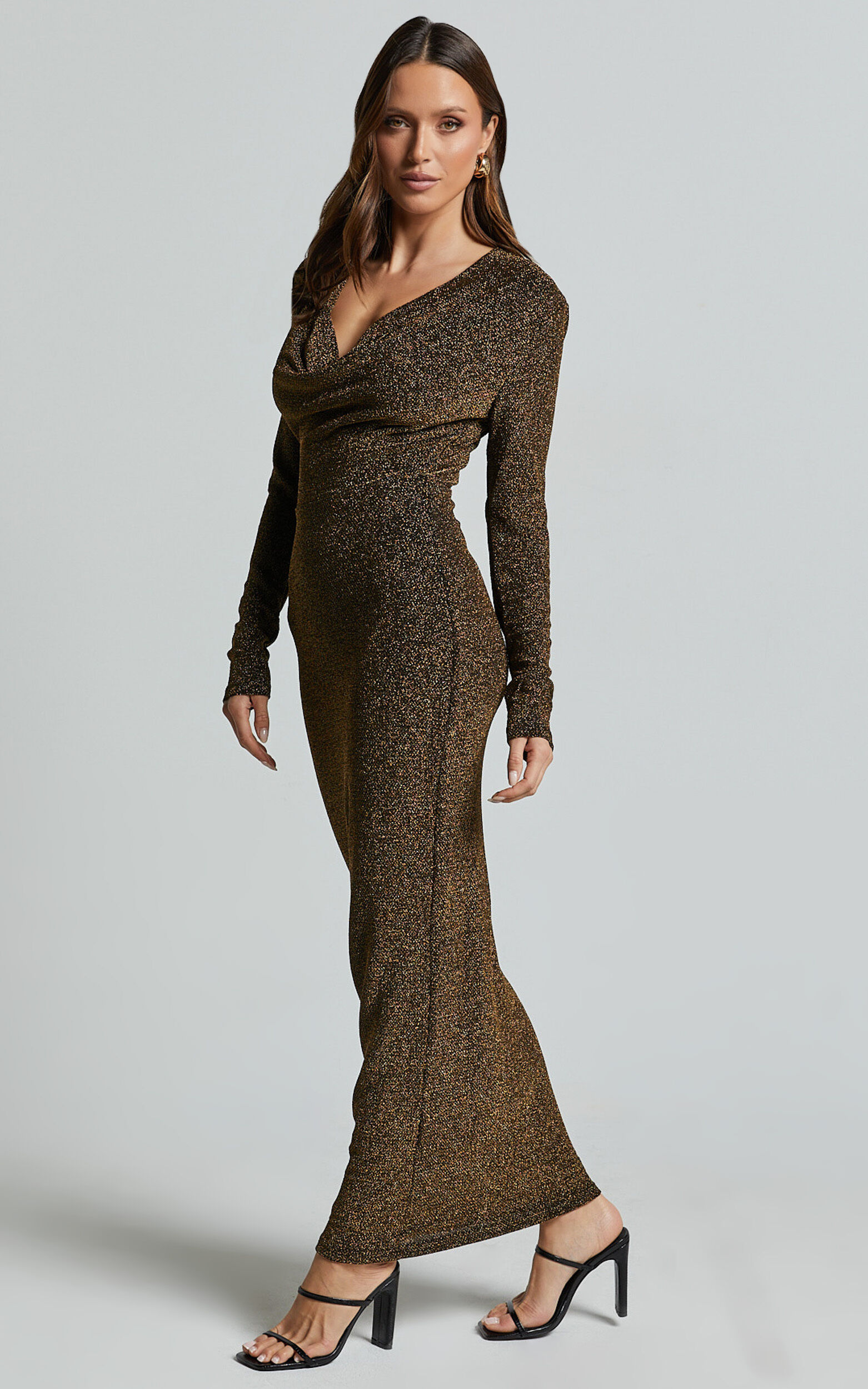 Paisley Midi Dress - Plunge Cowl Neck Long Sleeve Glitter Jersey Dress in Gold