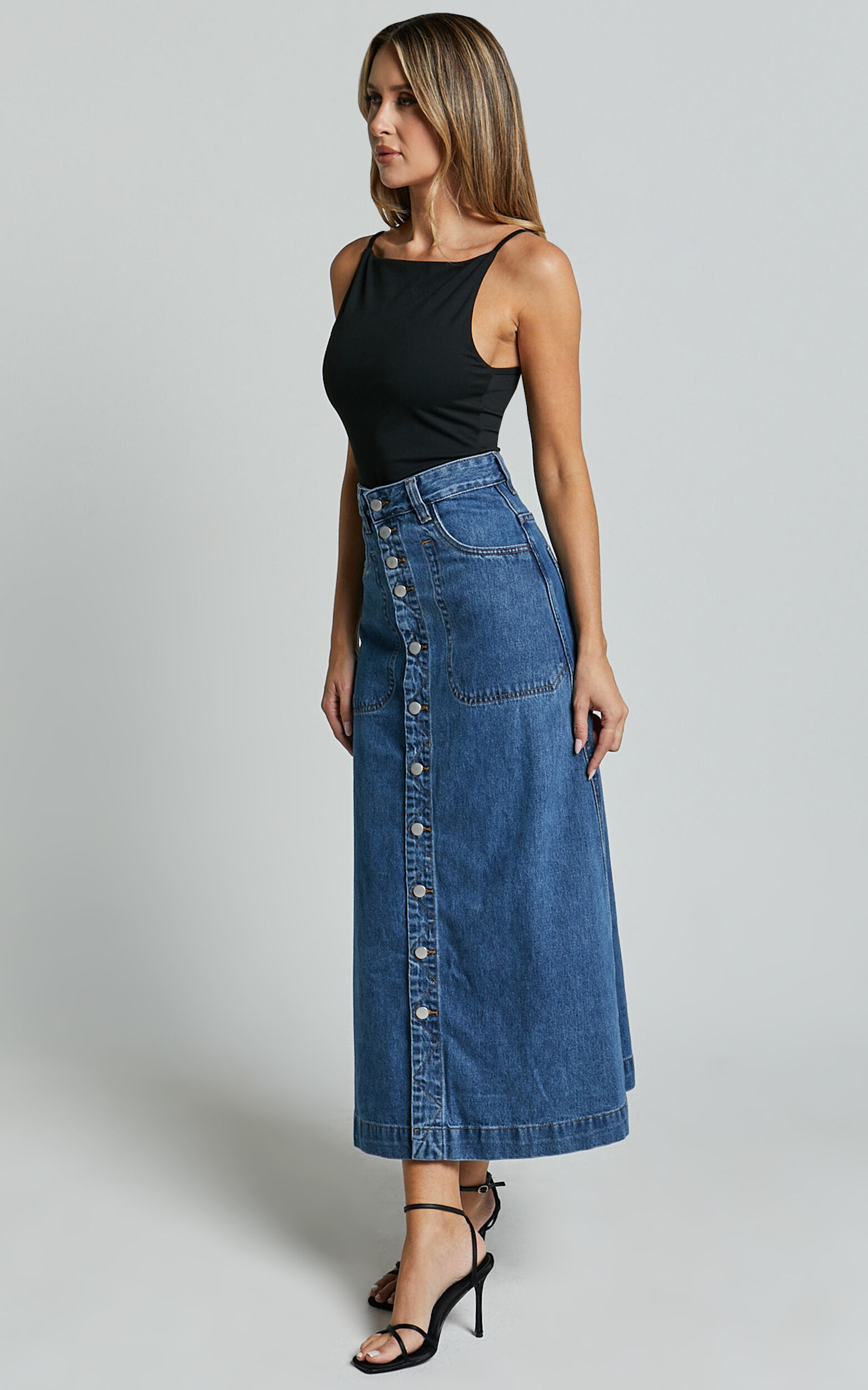 Alisa Midi Skirt - Button Through A Line Denim Skirt in Dark Blue Wash