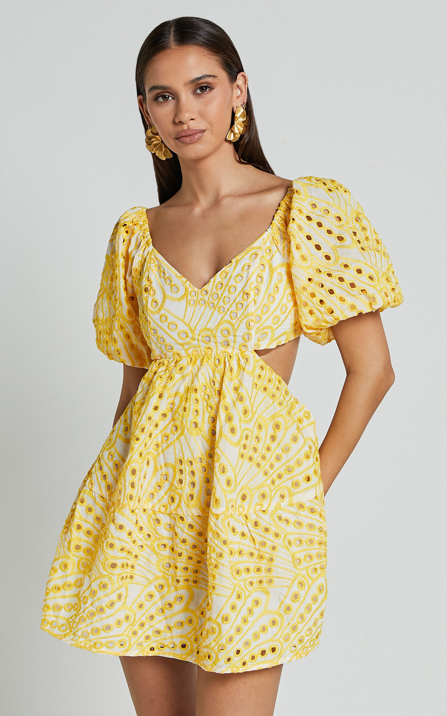 Sophia Mini Dress - Tie Back Puff Sleeve Dress in White and Yellow