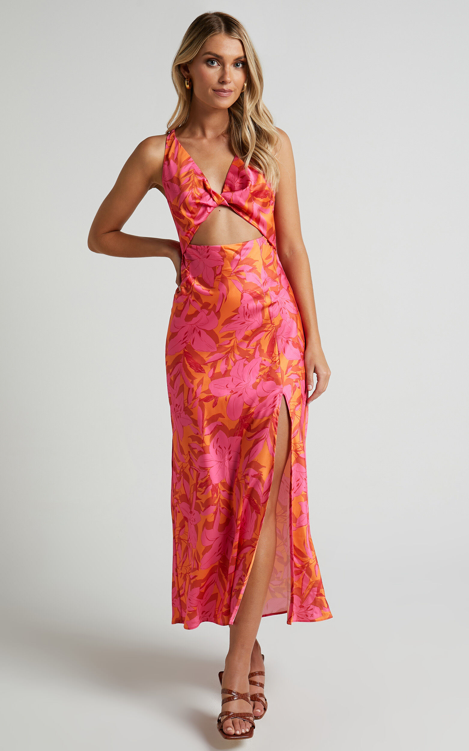 Tove Midi Dress - Twist Front Cut Out Satin Dress in Pink Floral