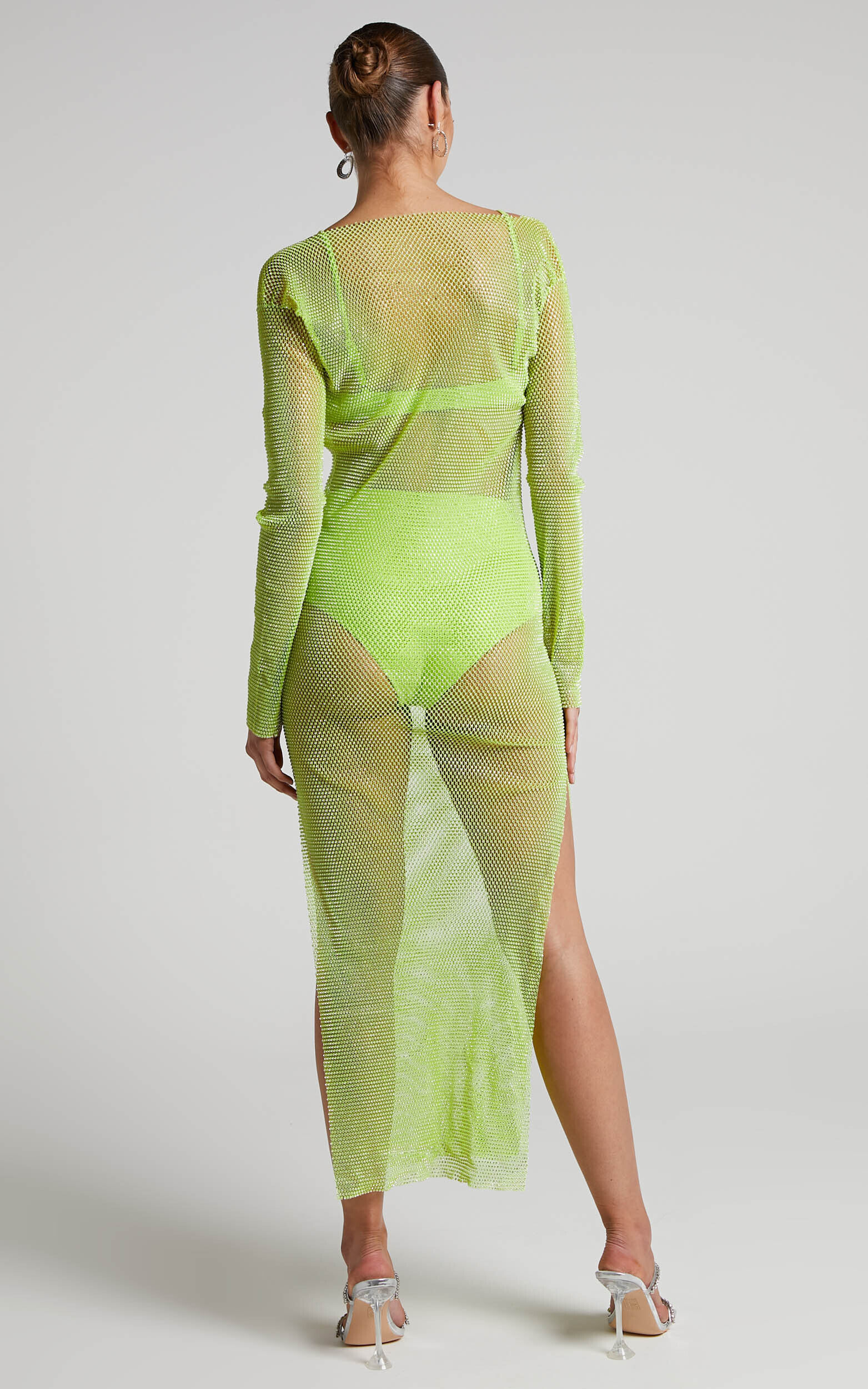 Karmen Midi Dress - Long Sleeve Split Diamante Mesh Dress in Lime