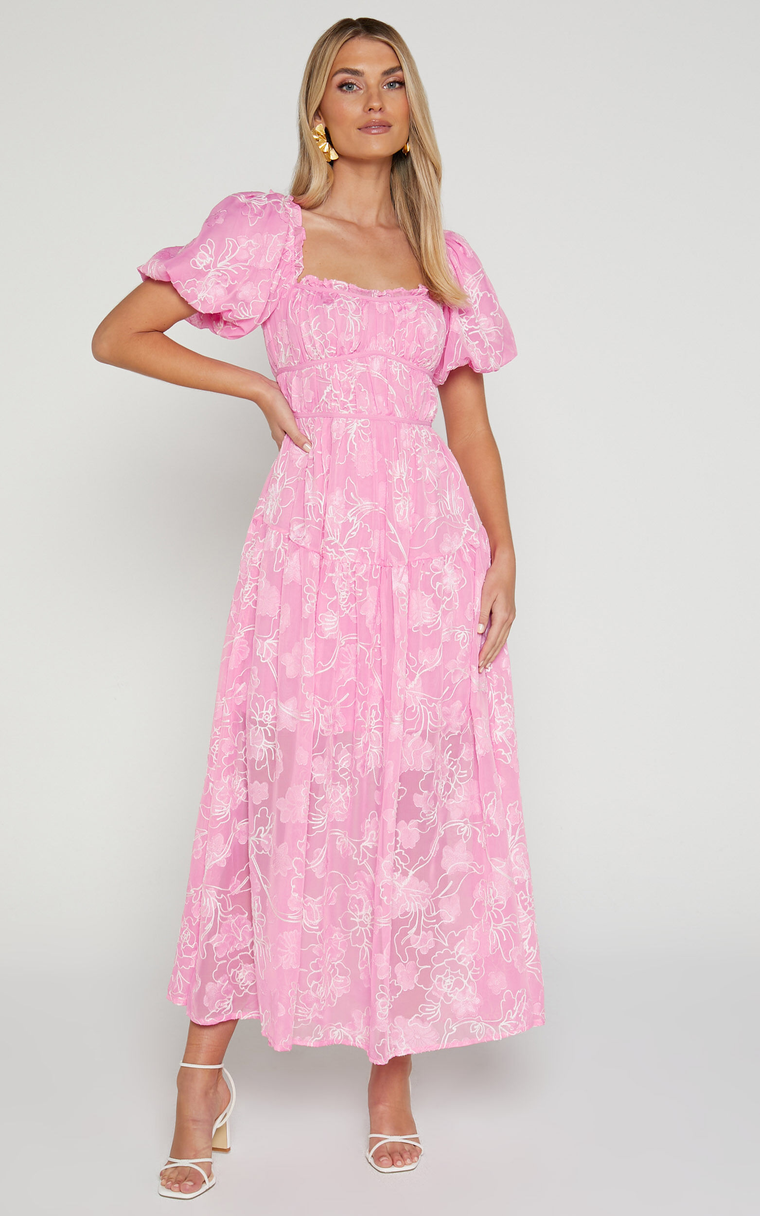 Harley Midi Dress - Puff Sleeve Dress in Pink
