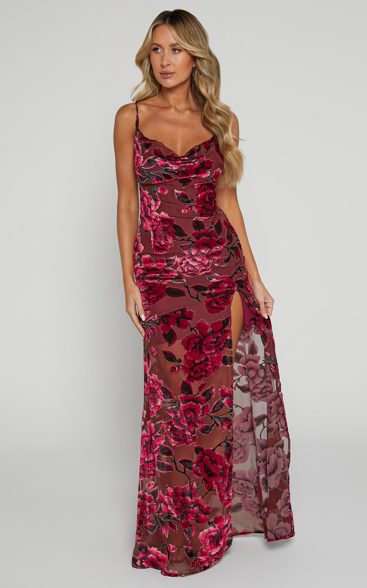 Aletta Maxi Dress - Cowl Cross Back Dress in Wine Floral