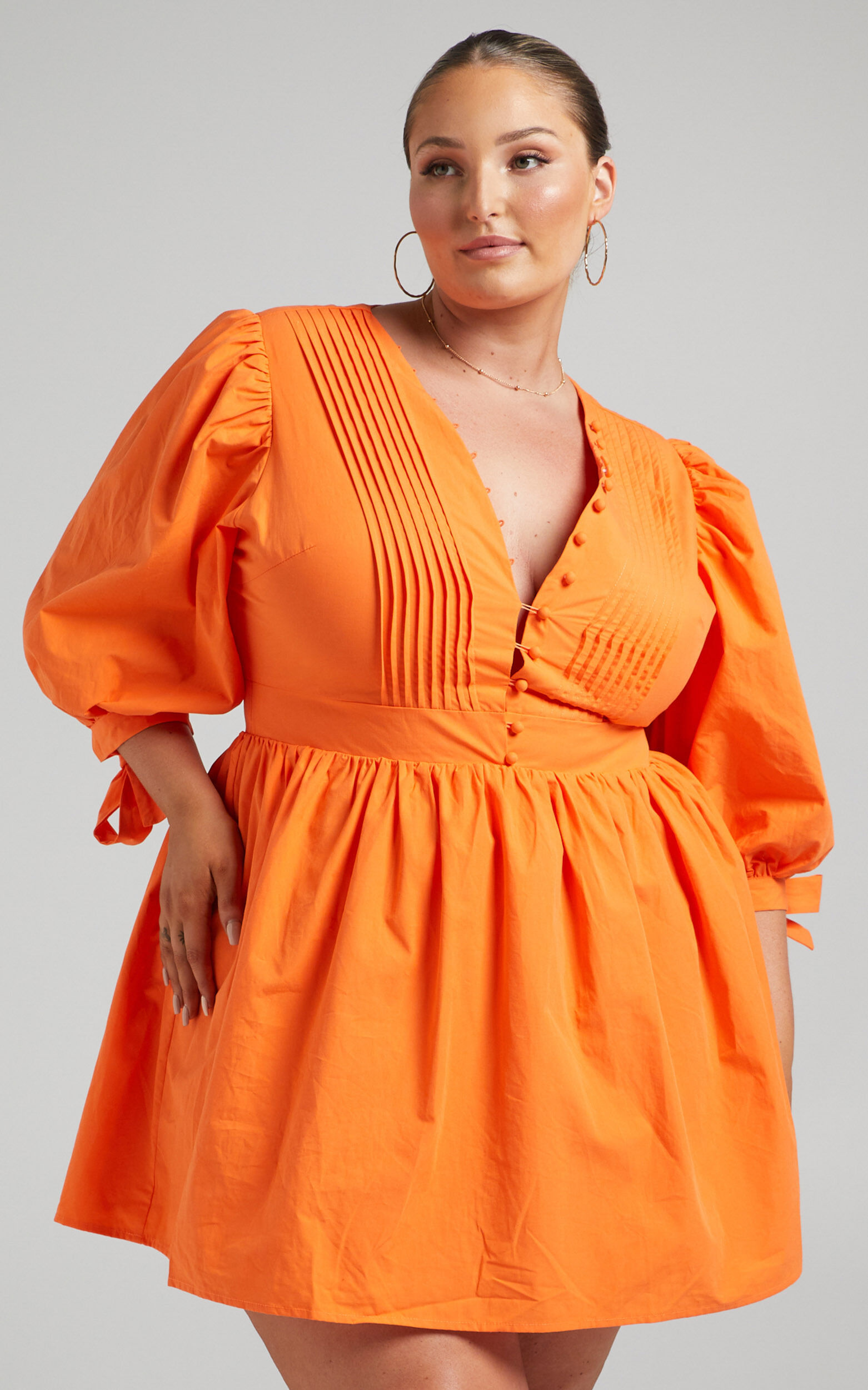 Zandra Mini Dress - Puff Sleeve Poplin Dress in Orange