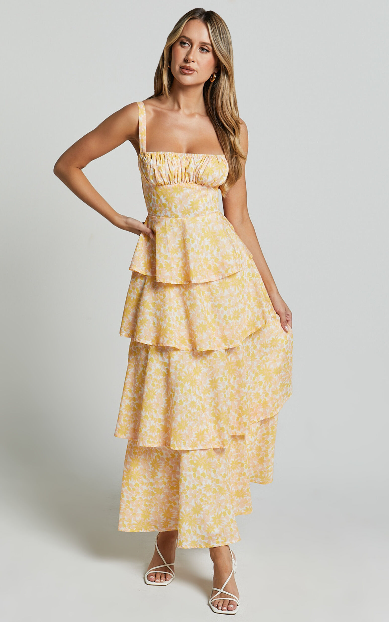 Lorma Midi Dress - Ruched Layered Dress in Orange Floral