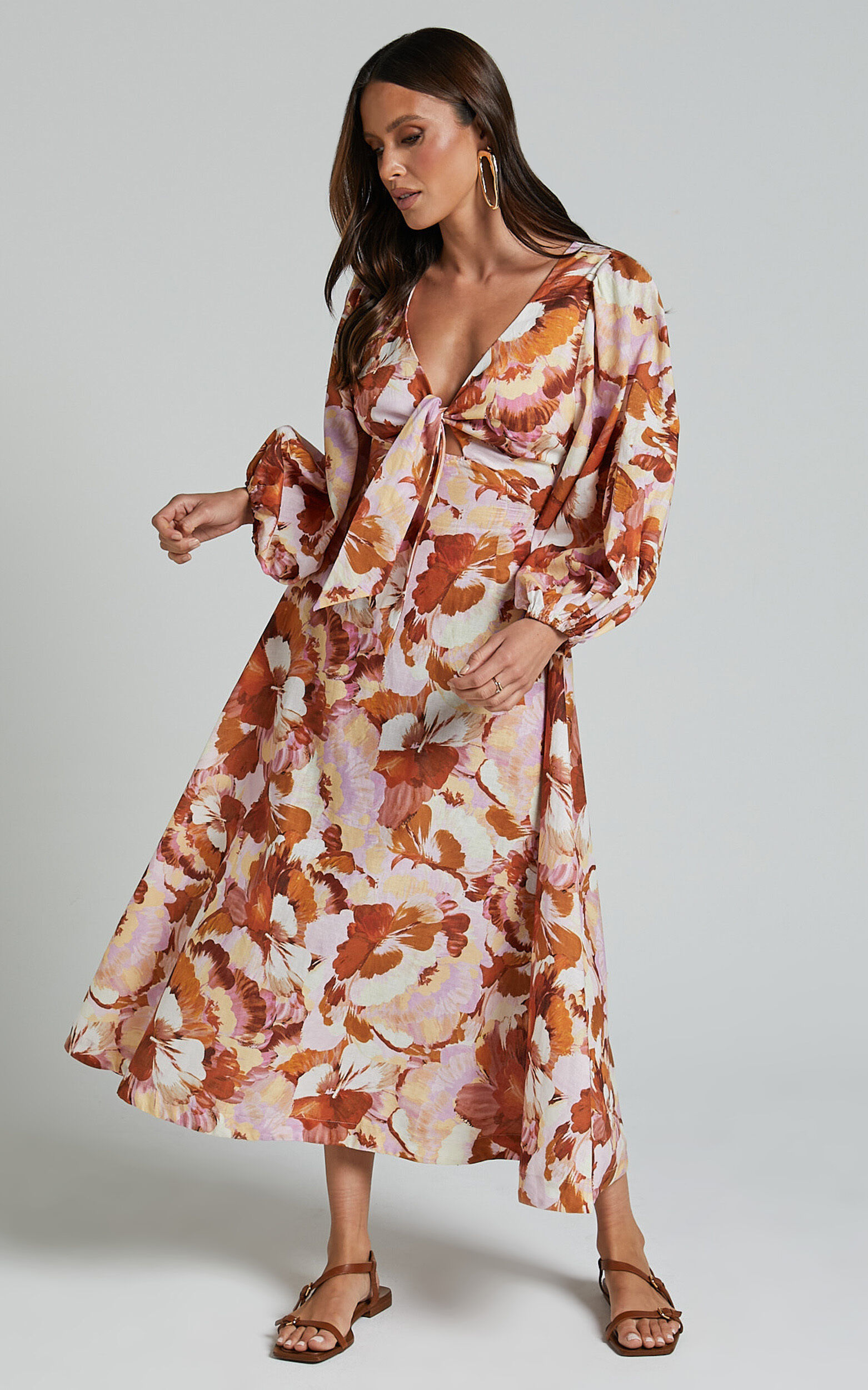 Amalie The Label - Chevonne Linen Blend Tie Front Puff Sleeve Maxi Dress in Baku Print