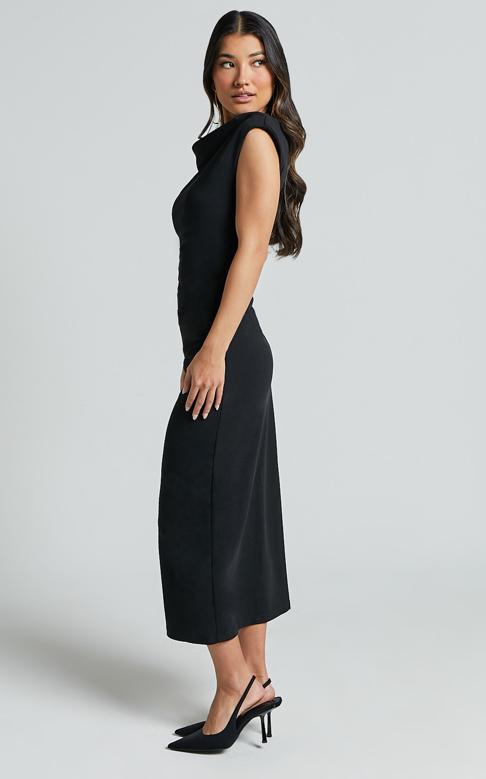 Carmilette Midi Dress - Cowl Neck Ruched Jersey Dress in Black