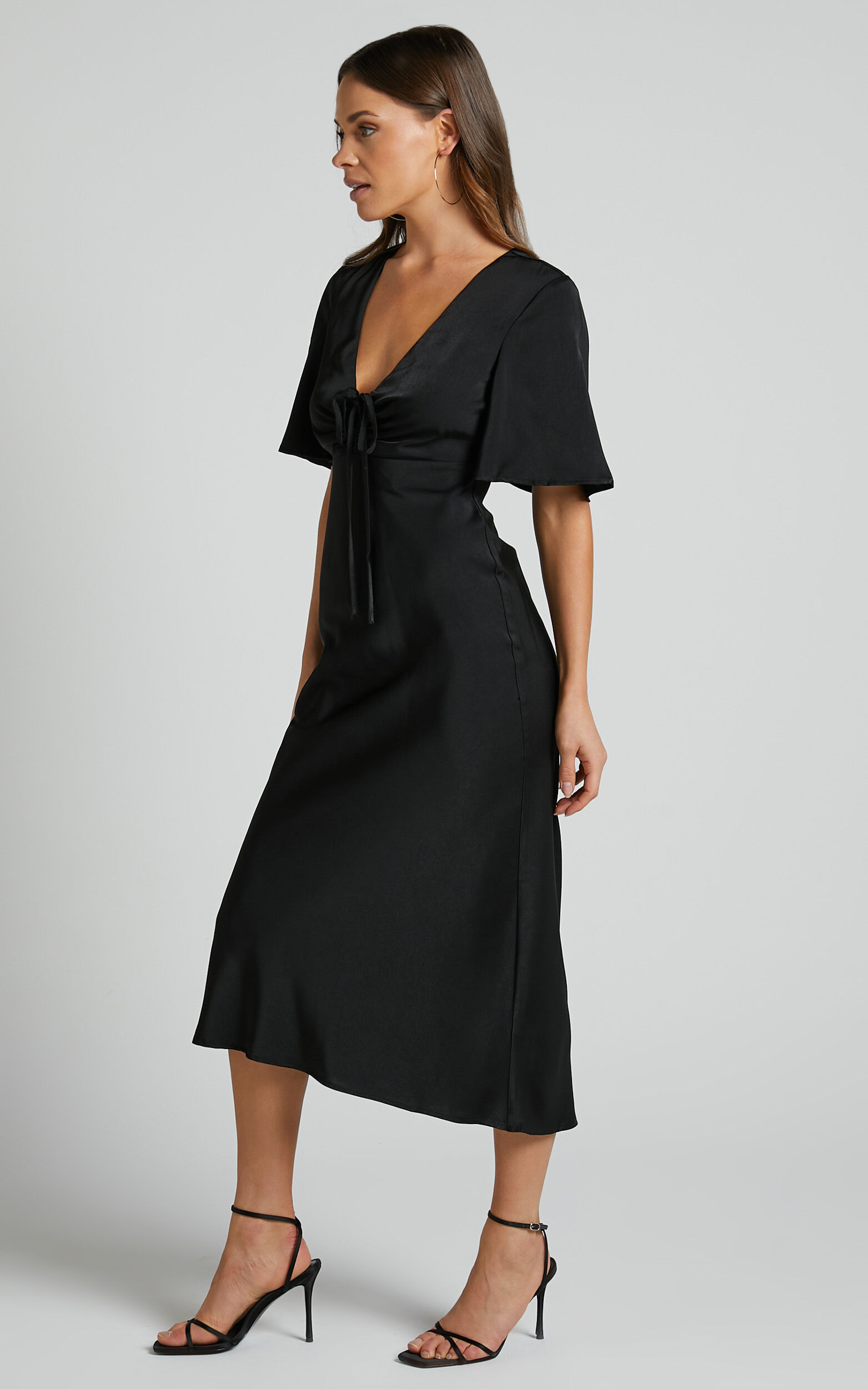 Nicholla Midi Dress - Ruched Front Angel Sleeve Slip Dress in Black