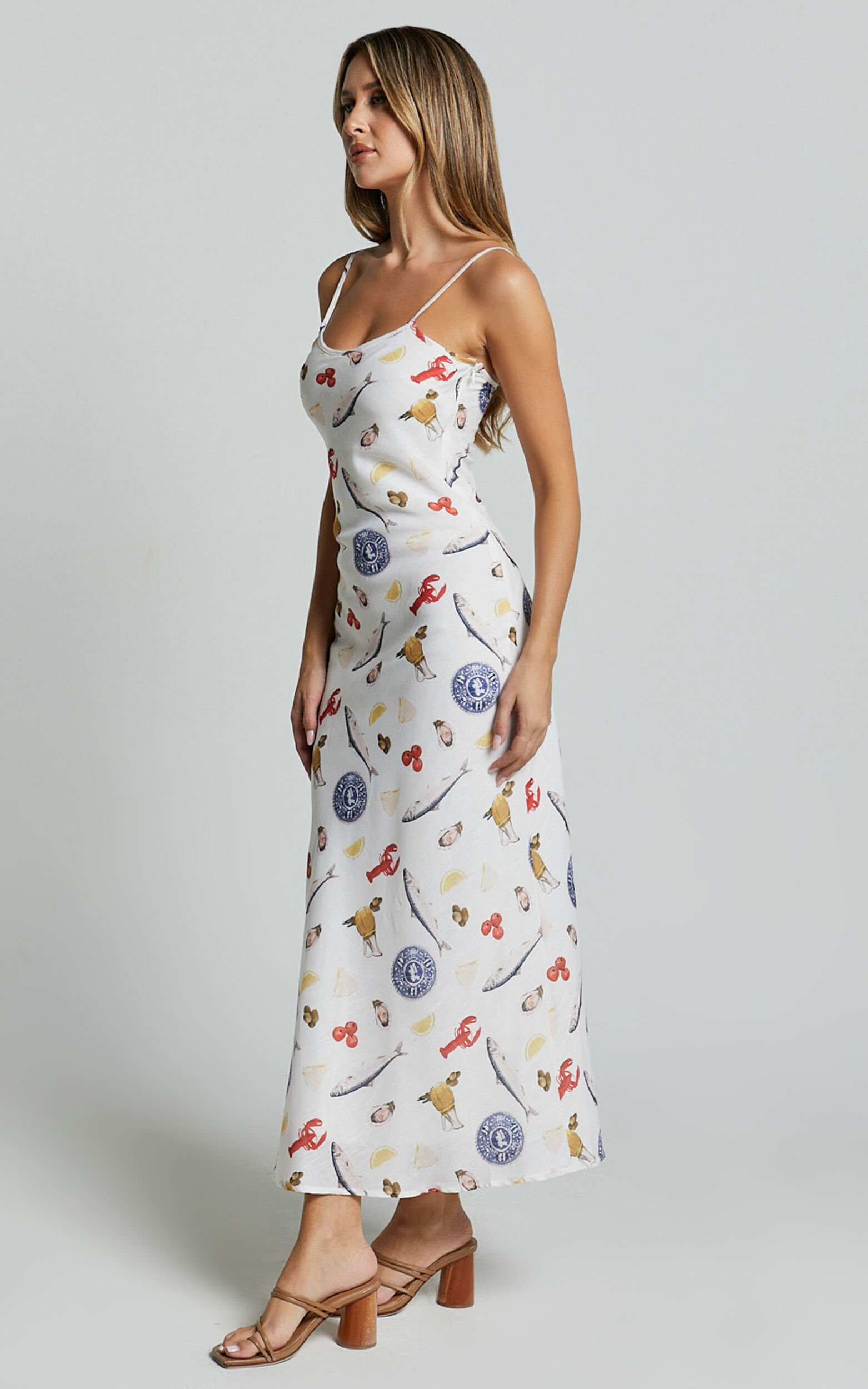 Jamilla Midi Dress - Bias Cut Linen Midi Slip Dress in Seaside Print