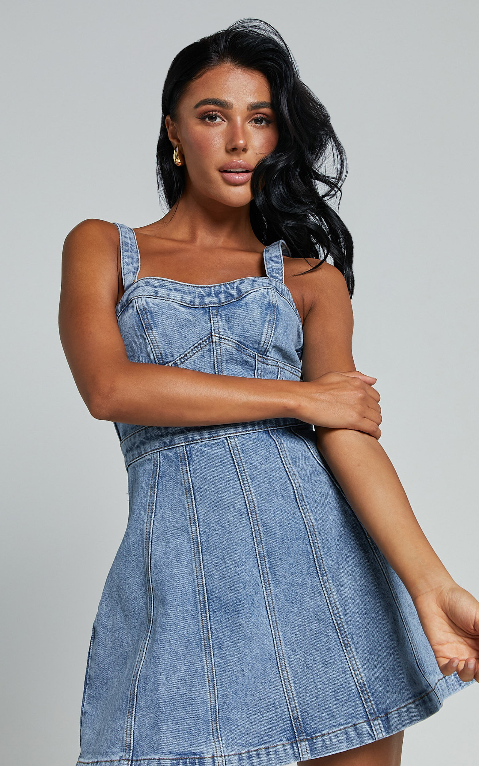 Estonia Mini Dress - Denim Dress in Mid Blue Wash