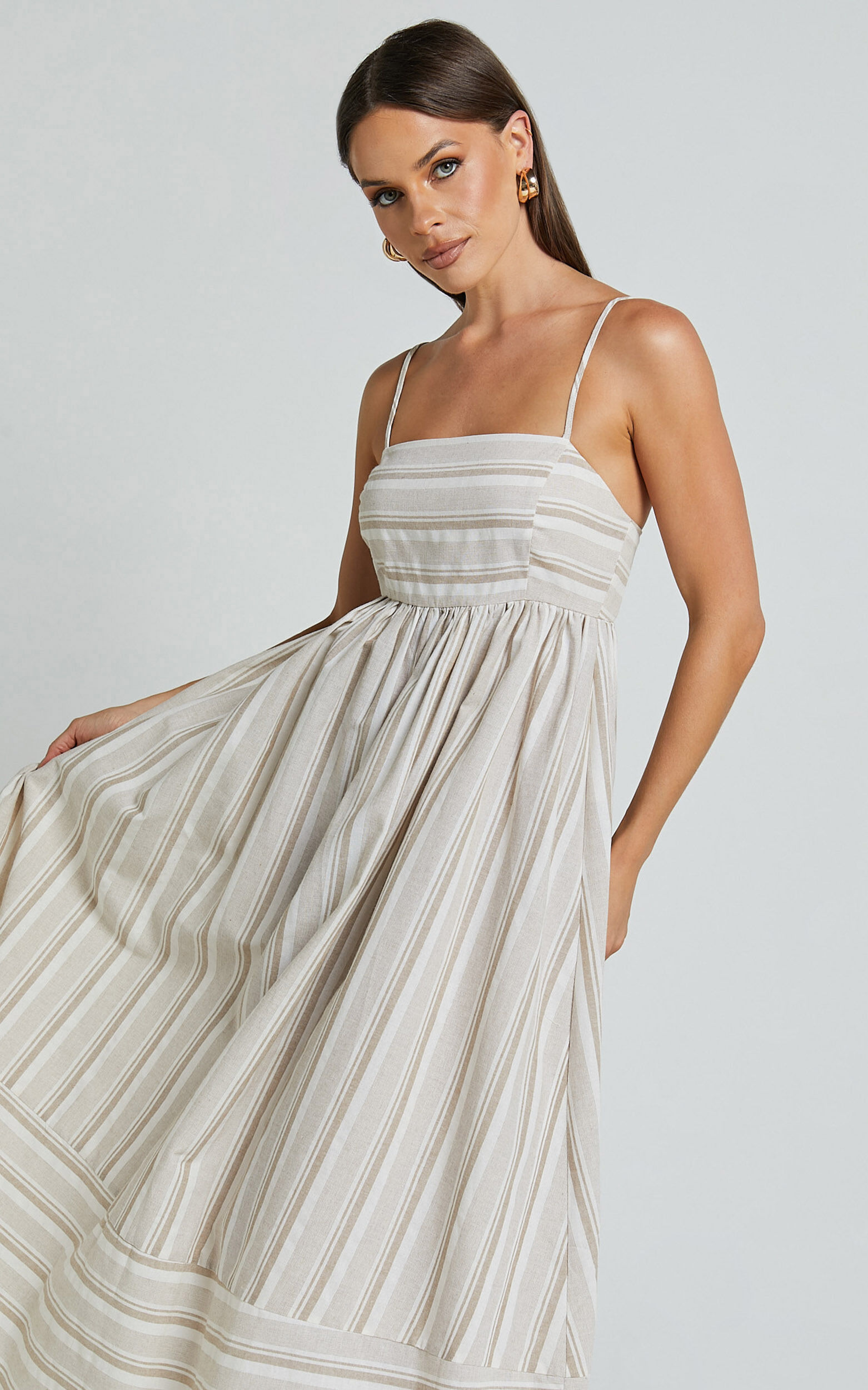 Katheryn Midi Dress - Strappy Straight Neck A Line Gathered Dress in Beige and Natural Stripe