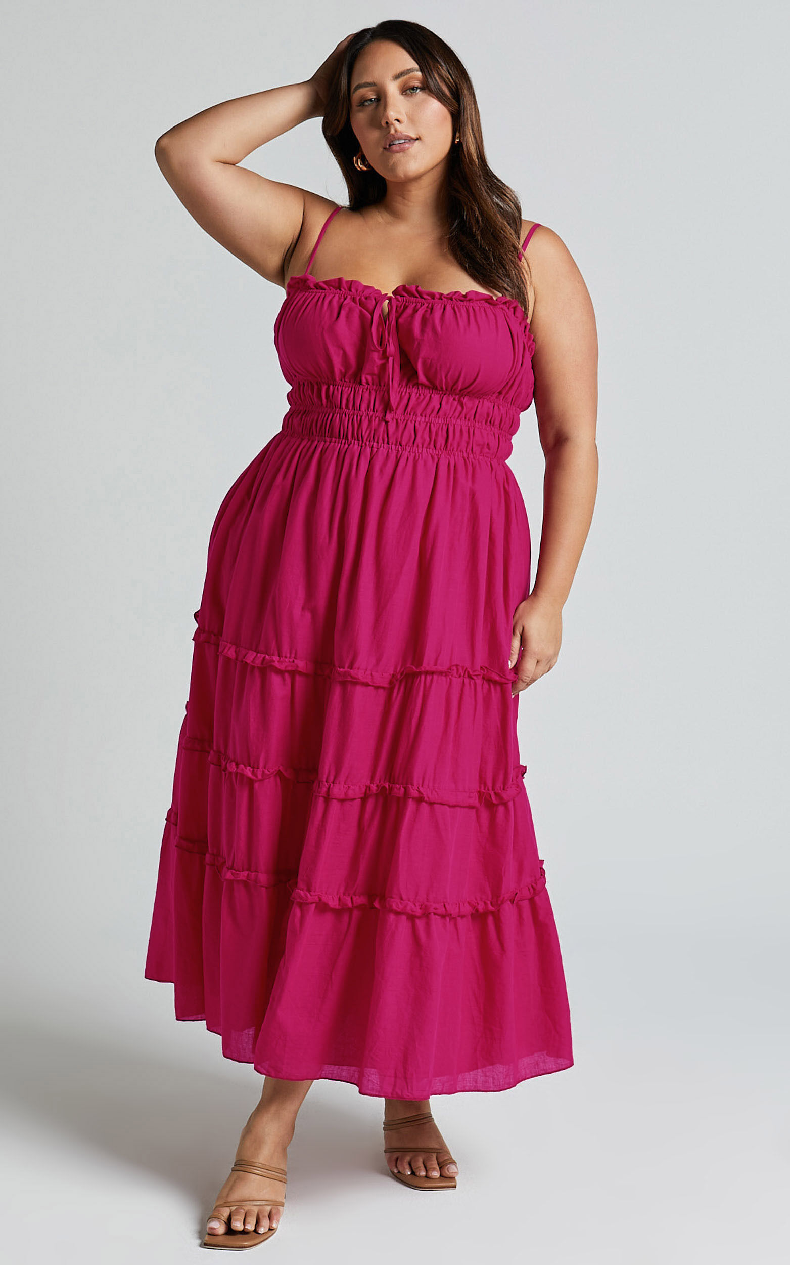 Schiffer Midi Dress - Strappy Ruched Tie Front Tiered Dress in Raspberry